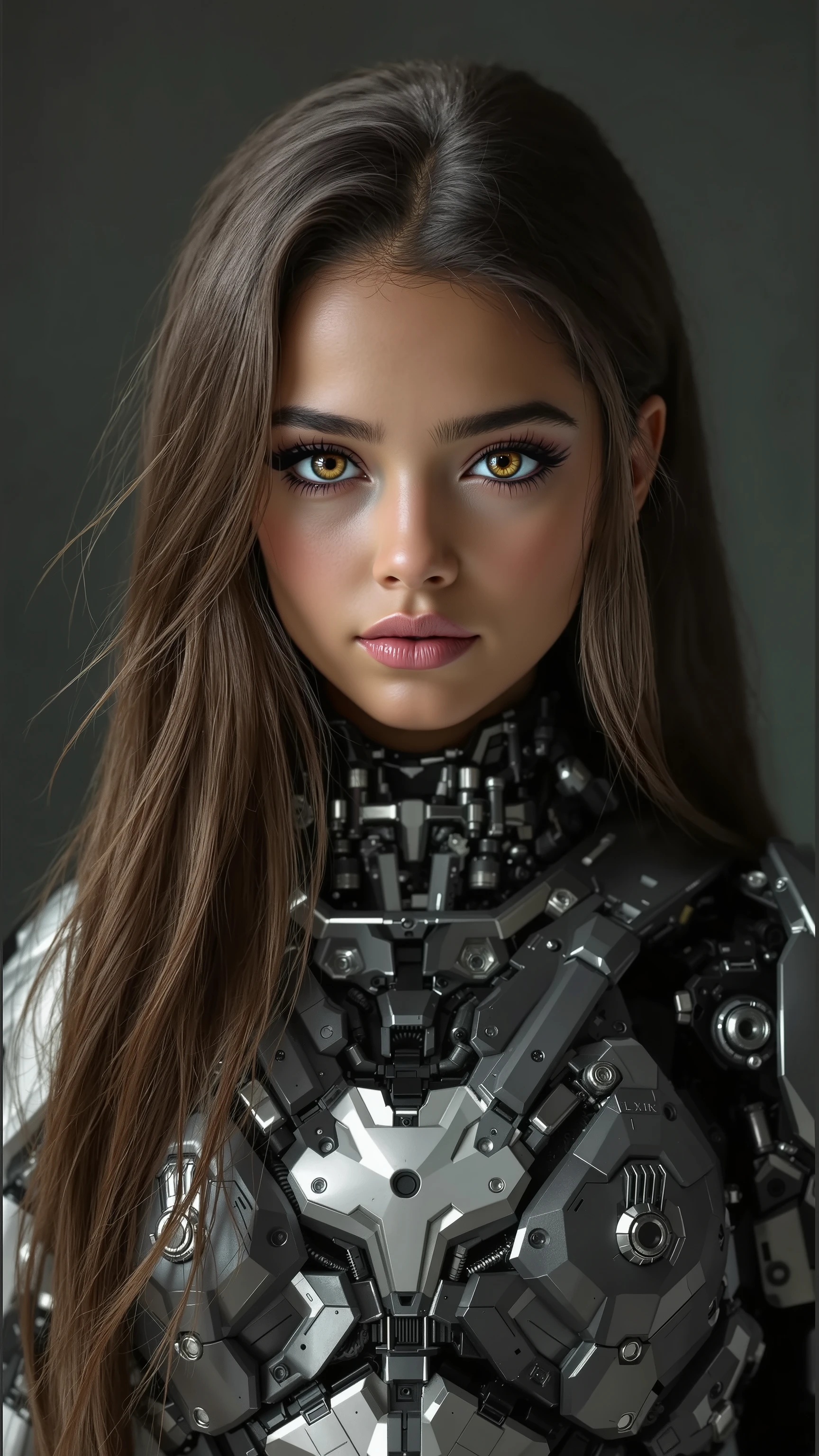 professional photo of a exceptionally of the most beautiful Colombian girl in the world, Shakira (futuristic),(masterpiece), (realistic), (perfect anatomy), (Full body), head to toe, flawless skin large beautiful brilliant Forest Tea brown eyes, black eye liner, light pink blush, dark purple eye shadows, small dimples in cheeks very long brown hair, futuristic background cyborg warrior in a heavily protected volumetric mechanical exoskeleton stands in a dynamic curved pose, dnd art, whimsical dark cyberpunk, sci-fi, mechanized precision, (4k,high res),ultra-detailed, photo-realistic, full image view, full body view, front view