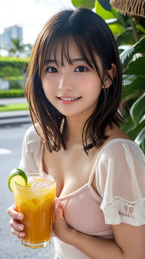 A beautiful woman with large breasts wearing a low-cut yukata is enjoying a drink with the brightest smile at a summer festival on a warm summer night. The scene is detailed and high quality, capturing the festive atmosphere and the elegance of the setting. The woman has a perfect face, beautiful expression, and striking eyes. The image is ultra-realistic 8K, professional artwork, masterpiece quality, with intricate details and the highest resolution.