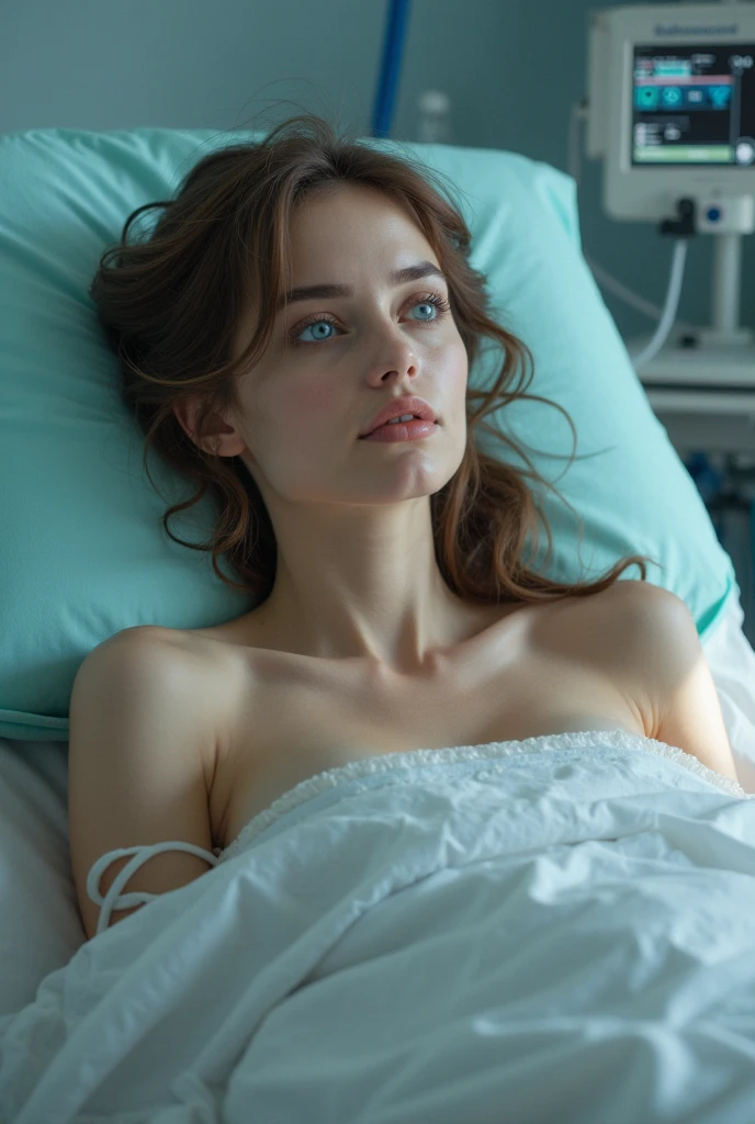 Portrait of a frightened 18yo Irish women laying in hospital bed. Close up. Hospital gown. Cleavage