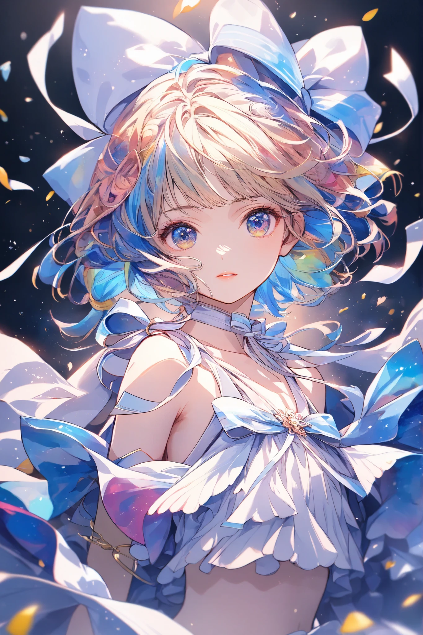 masterpiece,top quality,Super Detailed,8k,watercolor　colorful　upper body lift　One Piece　girls　灰色の髪　light　ribbon pop, (flat chest:0.8)