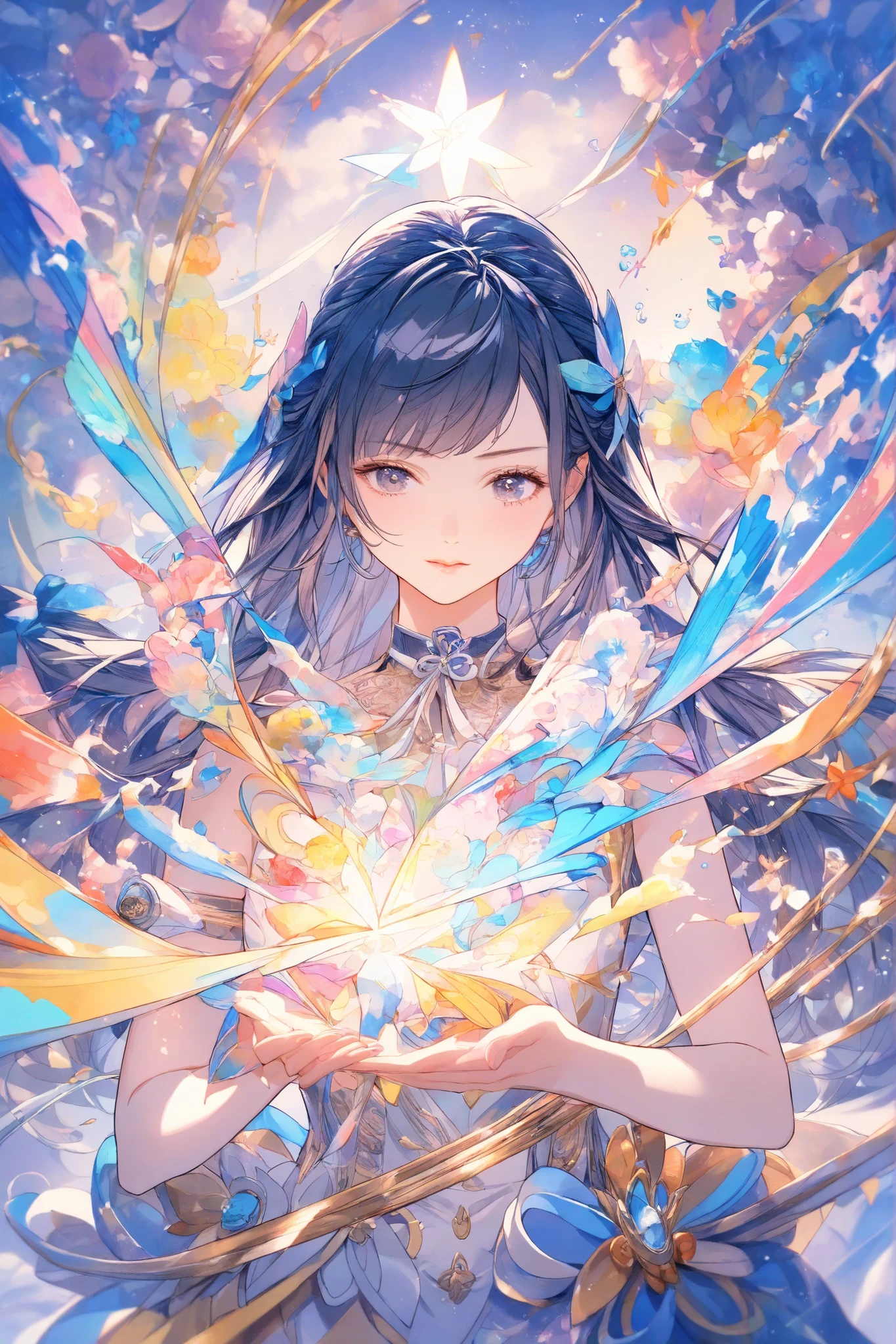 masterpiece,top quality,Super Detailed,8k,watercolor　colorful　upper body lift　One Piece　girls　灰色の髪　light　ribbon pop, (flat chest:0.8)