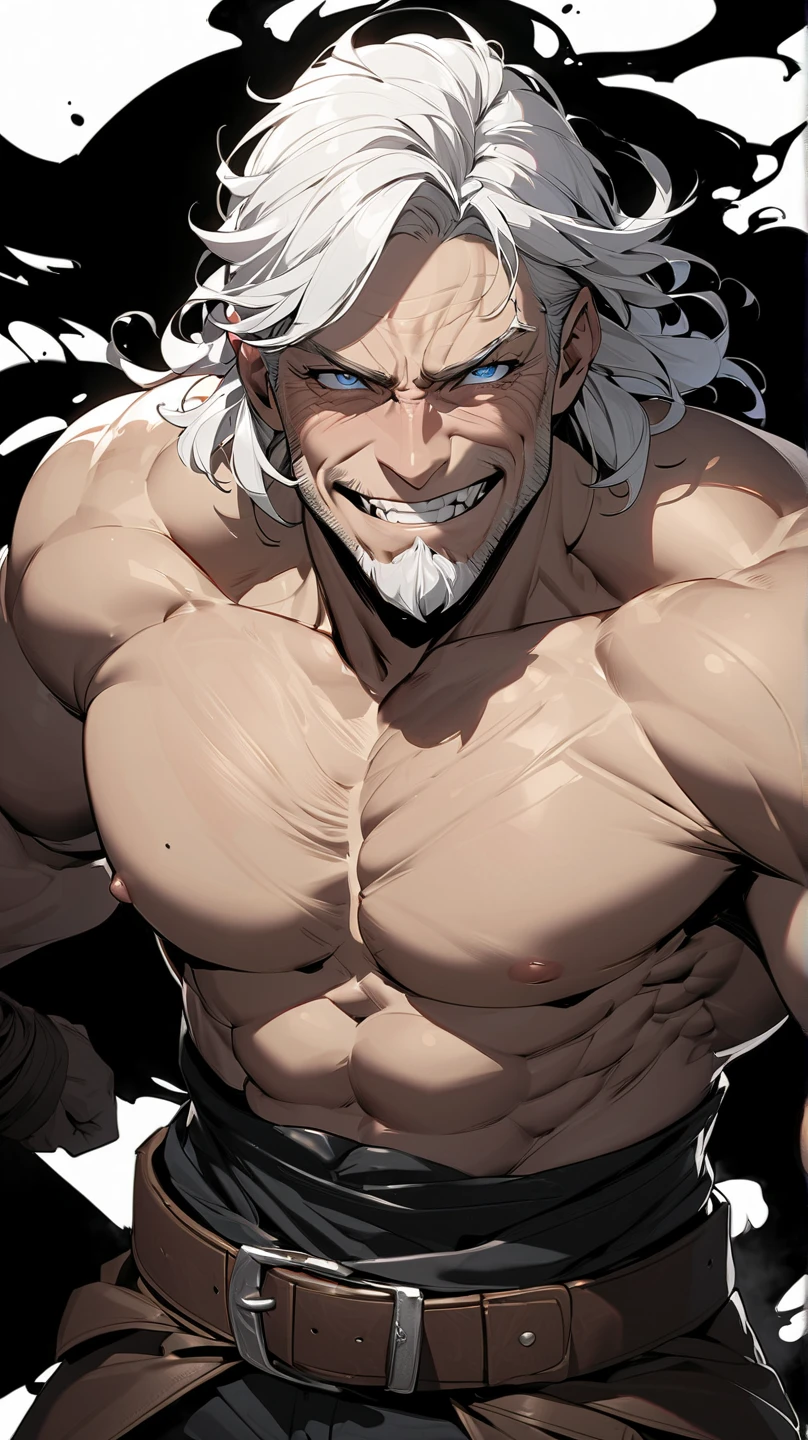 ((perfect whole body)), ((ultra photorealistic)), Top quality, ((Photorealistic)), 8K, High Definition, Unity 8K wallpaper, high res, ultra sharp, ((masterpiece)), best quality, ((intricate details)), (((detailed eyes))), (((perfect face))) (((detailed face))), masterpiece, highly detailed exquisite character art, melancholy lighting, ((cinematic light)), ultra-realistic, (((detailed body))), (((detailed muscles))), (((1male))) (((Bodybuilder))), (Manboobs) (((muscular))), ((bara)), ((perfectly detailed anatomy)) (wearing luxury clothing), (pale skin) white curly hair, high ponytail, face tattoo, glowing eyes, powerful, intimidating, scary, magic, spell casting, ((in a jail cell)), in a cage, neon white vampire eyes, hairy body, stubble, scars,