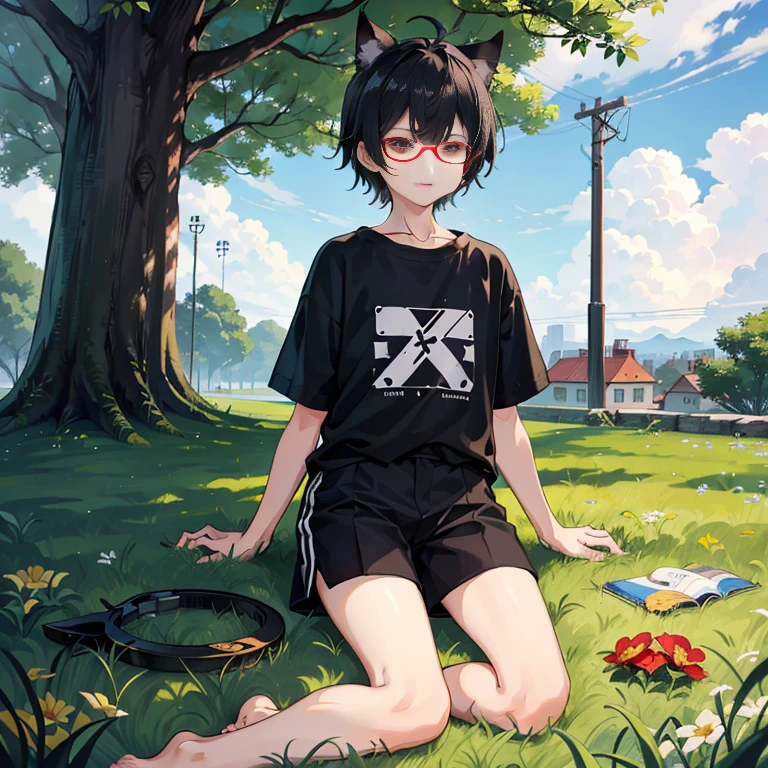 punk girl with glasses and a dark shirt, blurred green grass and trees in the background, short brown hair, detailed face, sitting with her feet in the air high quality, high resolution