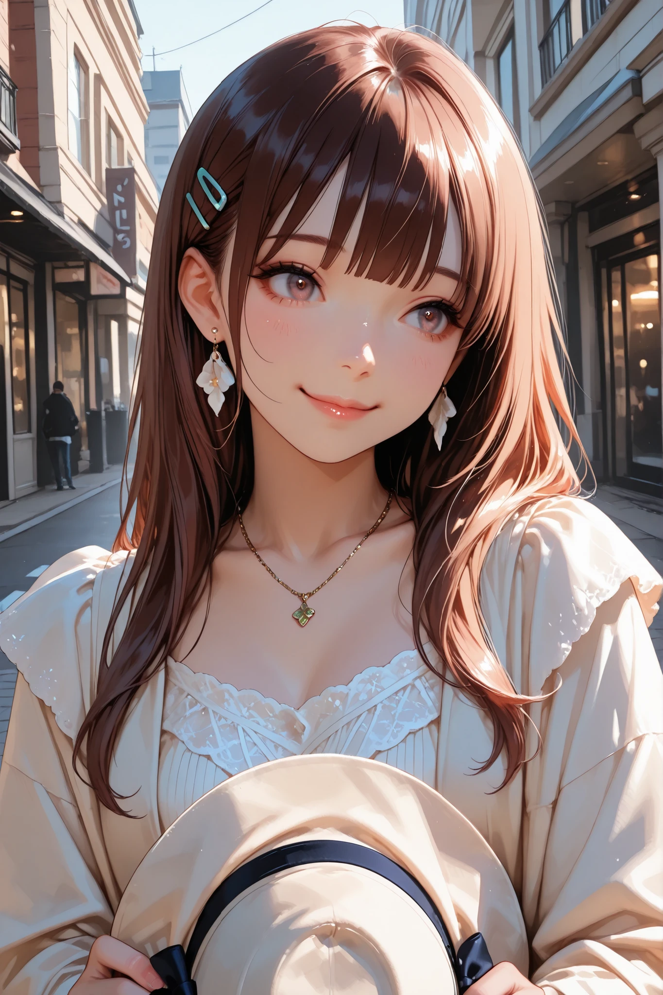 1girl,earrings, necklace, hair clip, holding hat, gentle smile, modern fashion, urban background,kawaii aesthetic,detailed facial features, high contrast shading, lifelike skin texture,high-resolution,newest,detailed clothes, photoreal quality, 4k, 8k, HDR, ultra detail, highres,official, 1080p, HD, 16k