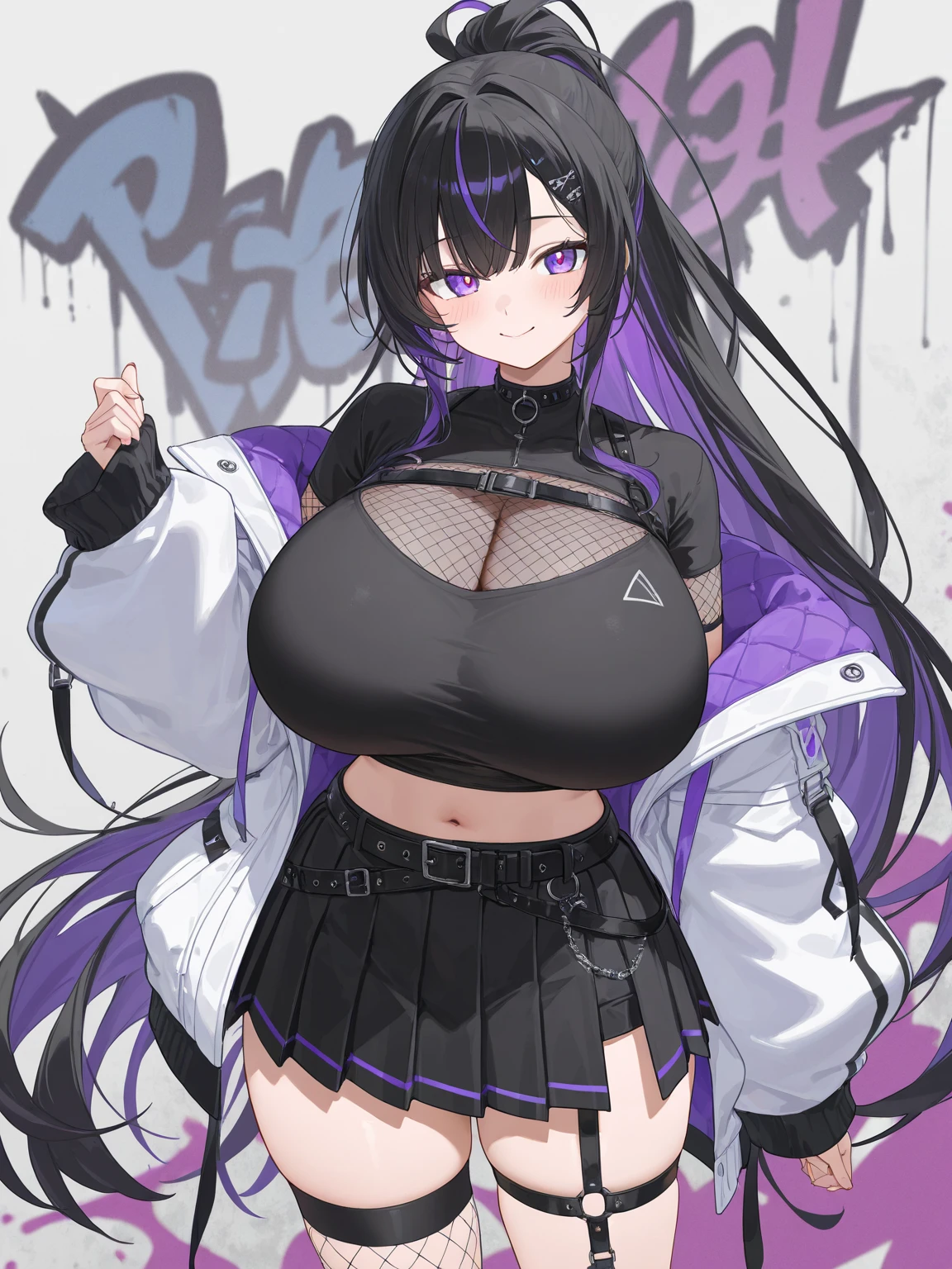 Wolf Woman, Big Breasts, Voluminous purple hair, masterpiece , Red eyes、Double teeth、tooth、Blushed cheeks、 hd, Head to Chest, buried in my chest、Underbust、Cleavage、hoodie、hot pants