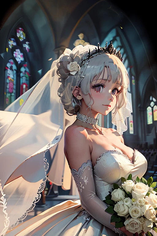 (from above:1.2),(from side:0.9), ((Face)), (Close-Up:0.4), ((looking at viewer, holding a bouquet to his mouth)), highest quality、(real、photorealistic:1.4)、(RAW photo:1.2)、very detailed CG unity 8k wallpaper, delicate and beautiful, wonderful, Fine detail, official art, disorganized, very disorganized, huge file size, Ultra-detailed, very detailed, very detailed girl, very detailedなeyes and face, Bright on the face、(teenage girl:1.7)、small smile, ,smiling, miorine rembran, ahoge, (white hair:1.25), hair between eyes, hair bun, (long hair:1.25), tiara,,ruanyi0261,off-shoulder dress,pearl \(gemstone\),tiara,veil,wedding dress, wedding necklace, wedding long gloves, (luxurious bouquet), chapel, Stained glass,(best quality, highres, masterpiece:1.2), ultra-detailed, (realistic:1.37) illustration, erotic style, soft lighting, sweat glistening on her body, gentle warmth, dark and mysterious, small breast,narrow waist,(with sparkling eyes and a contagious smile),her thin pubic hair, looking at viewer,