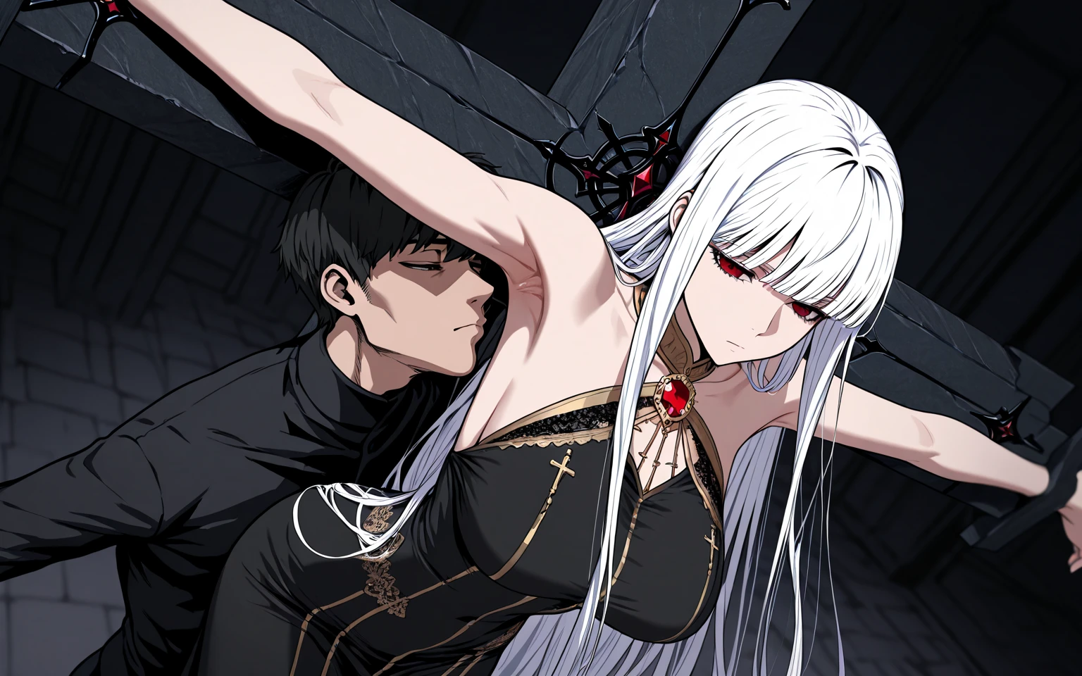 Gray hair, red eyes, girl, naked, tentacles, mating