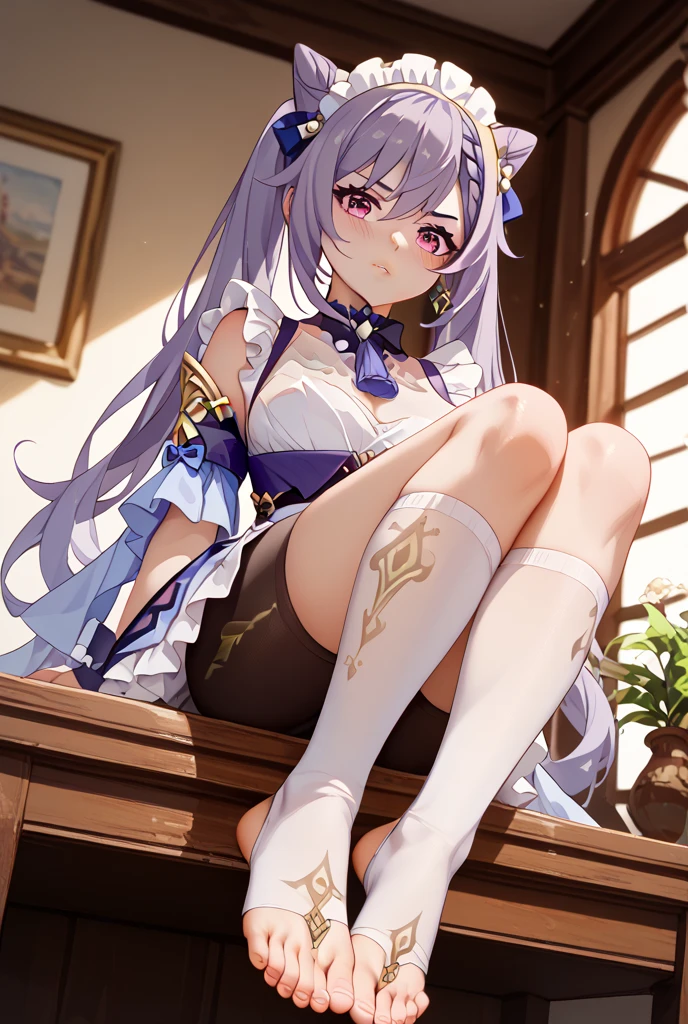 1 girl, keqing, Genshin impact, on her hands and knees position, embarrassed facial expression, leggings, on the ground