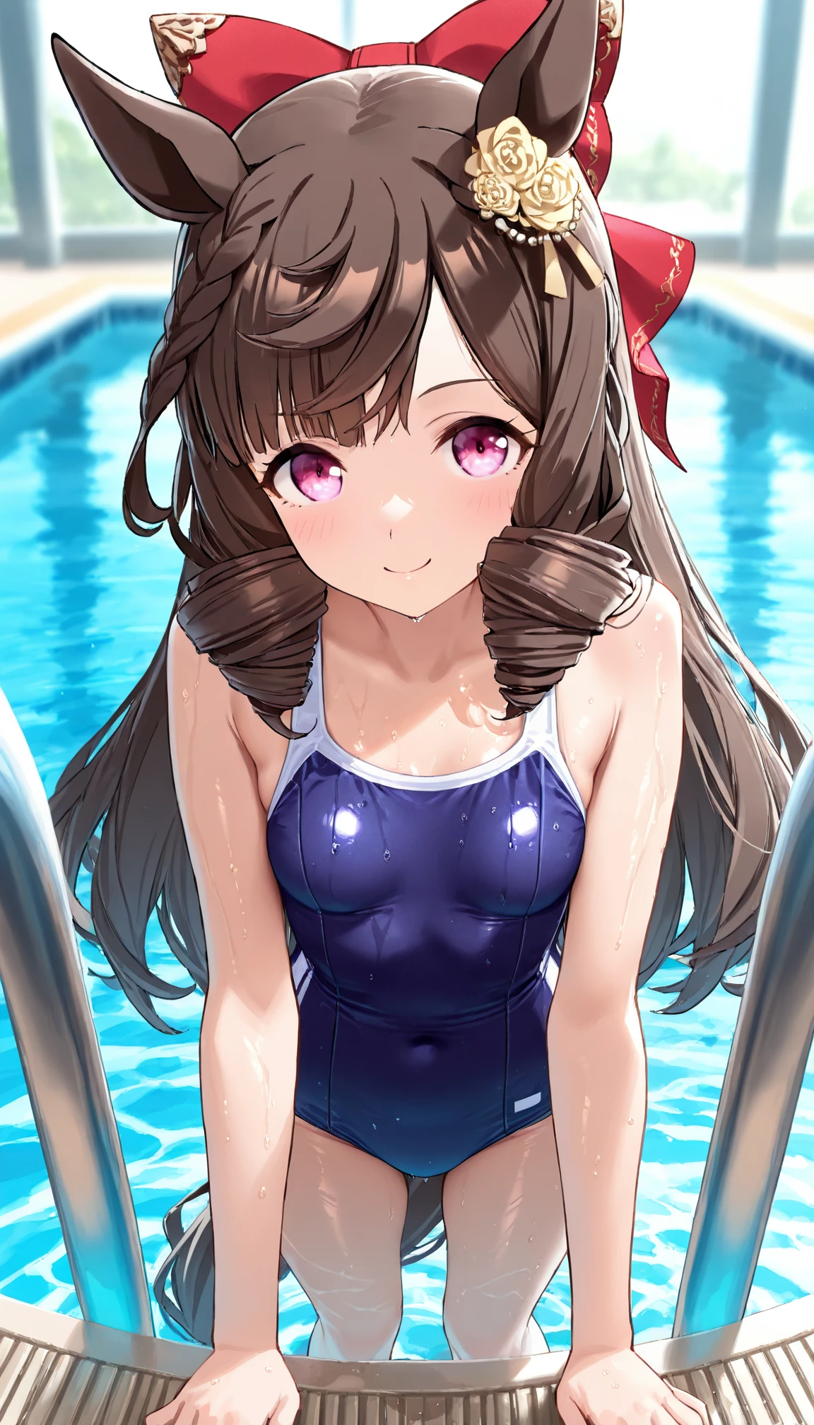 ((Tabletop, Highest quality, High resolution, , Pixel Perfect, 4K,))), 1 female, 、The whole body is visible、 ((Long Wavy Hair, bangs, Brown Hair)), ((Brown eyes, Beautiful eyelashes, Realistic eyes)), ((Detailed face, Blushing:1.2)), ((Smooth texture:0.75, Realistic texture:0.65, Realistic:1.1, Anime CG Style)), Medium sized breasts, Dynamic Angle, Perfect body, (( , , Beautiful swimming trainer、、Black and red swimming wear 、)), 、、Very embarrassing panic smile, 、、、Luxury hotel pool、Sit by the pool、Nipples are visible、、、、、 、Angle from below)、