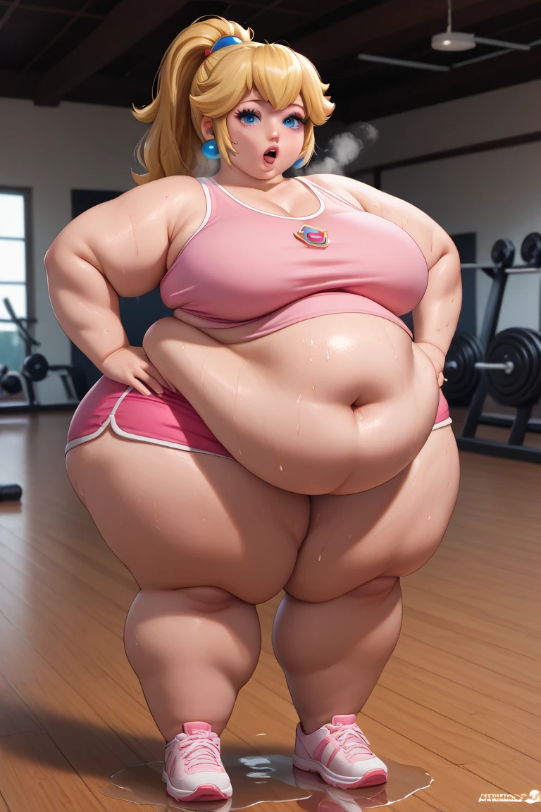 1milf, pear shaped, pear shape figure, bottom heavy, wide hips, incredibly wide hips, thick thighs, incredibly thick thighs, plump, incredibly plump, bent over, looking at viewer, angry, annoyed, tank top, panties, wide, hyper, belly hanging, massive belly, fat thighs, skindentation