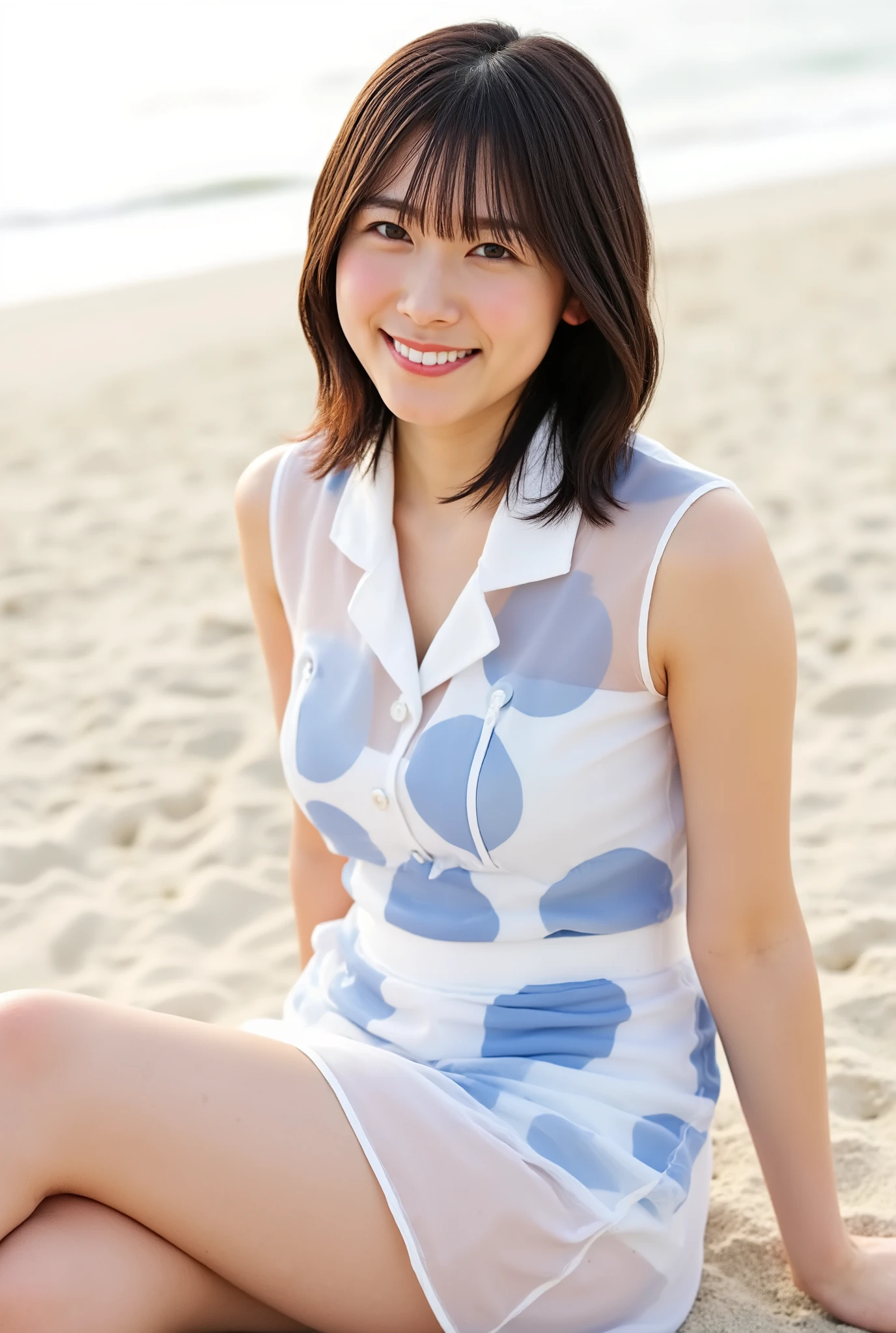 Sleeveless Super Mini Skirt See-through Wrench Dress、White Super Mini Skirt See-through Trench Dress、big 、Kisaragi Honey's Outfit、Before Cutie Honey's Transformation、Warrior of Love、(Celorian Blue Big Round Pattern)、open collar、cleavage、White Button、The color of the collar is white、thighs、Sunset Beach、Sandy Beach、Uninhabited island、sexy pose、sitting、Her Panties Always Look Visible、close-up