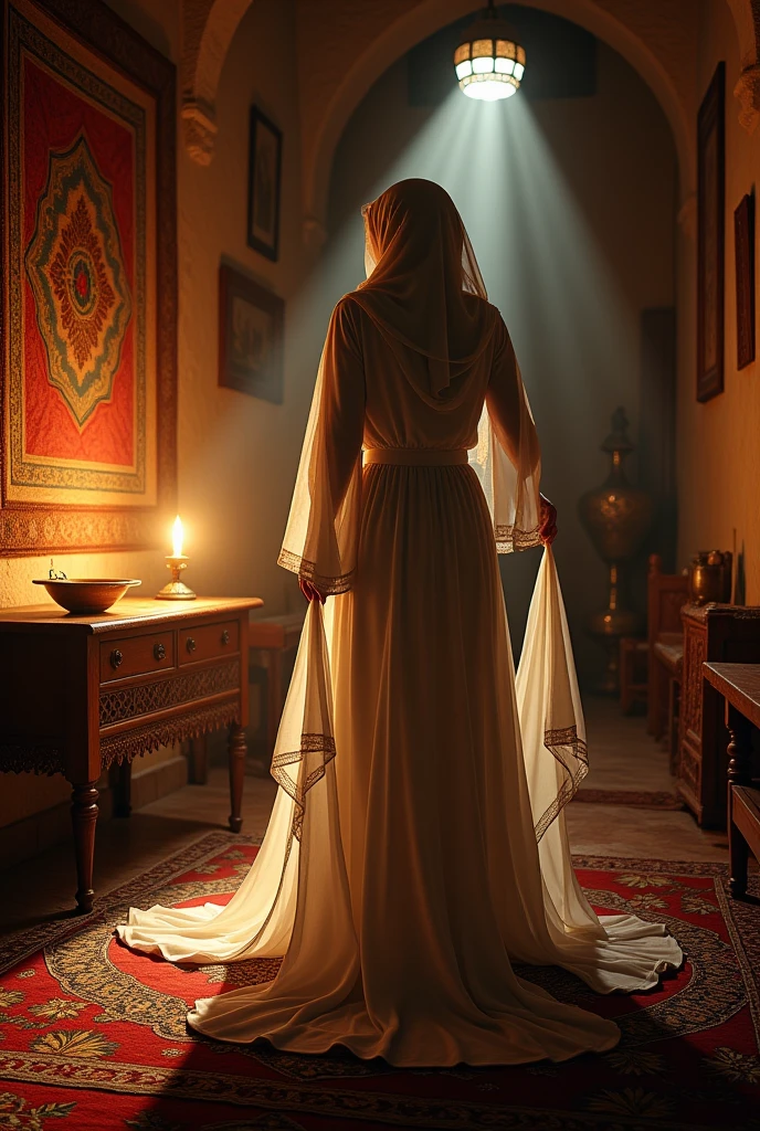((best quality)), ((masterpiece)), (detail), perfect face, close-up photo of a Beautiful Korean muslim woman standing next to a door, bright skinny, wearing a long white hijab, a wide and long white patterned abaya, view of an ancient room with intricate details, sparkling and magical light, surreal photo, 8k, very high resolution, sharp face