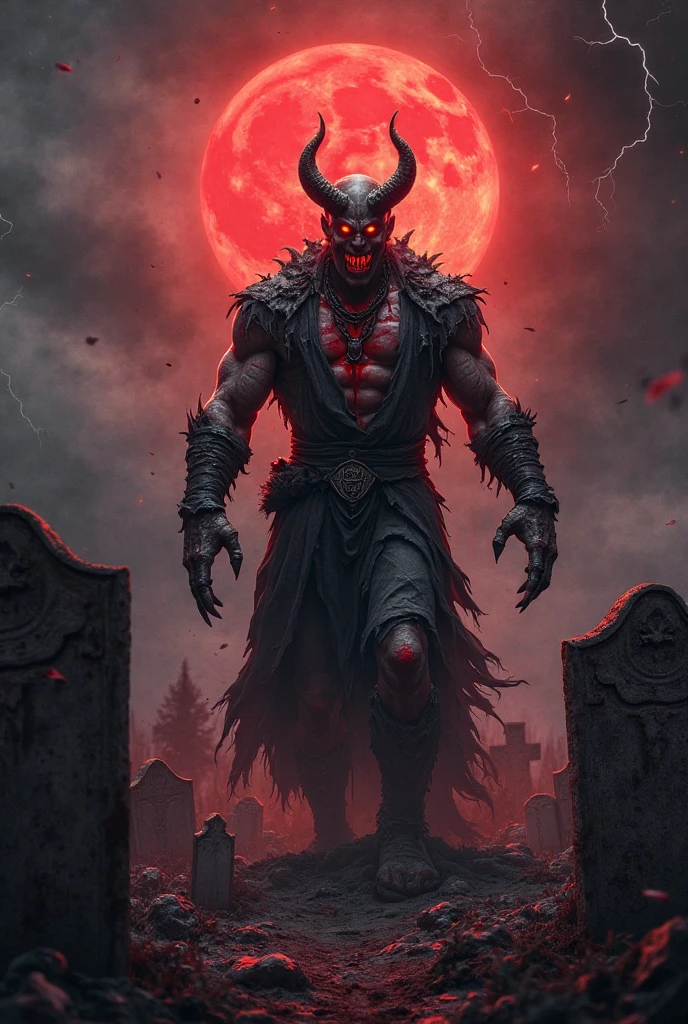 Devil With black skin colour, creepy horns and
red eyes and
glowing red, green colour combination sword in hand
He should has six pack abs
And scary smile
In moonlight with bats in sky