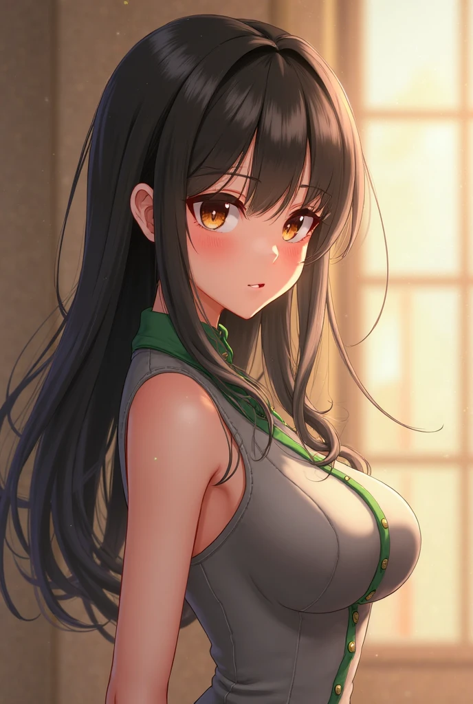 Black long hair,Very shy girl,Wear a green dress,F cup,将手放在胸前Cover cleavage,Cover cleavage,Very exposed chest