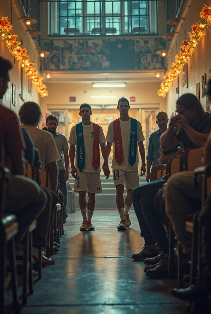 Brazilian men in shorts, slippers and backpacks on the back inside a historic locker room, with old cabinets and benches, stained glass windows in the background, being watched by Bolivian men in white underwear, in a building from 1650.