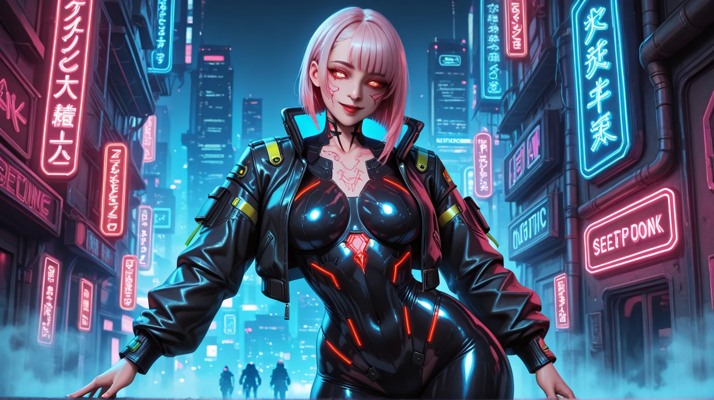 1girl, solo, glowing eyes, neon details, bodysuit, large breasts, busty, skinny, cyberpunk, purple, at night, reflection, quasarcake, ishikei, shiny clothing,
Highly detailed, masterpiece, very aesthetic, blurred background, realistic