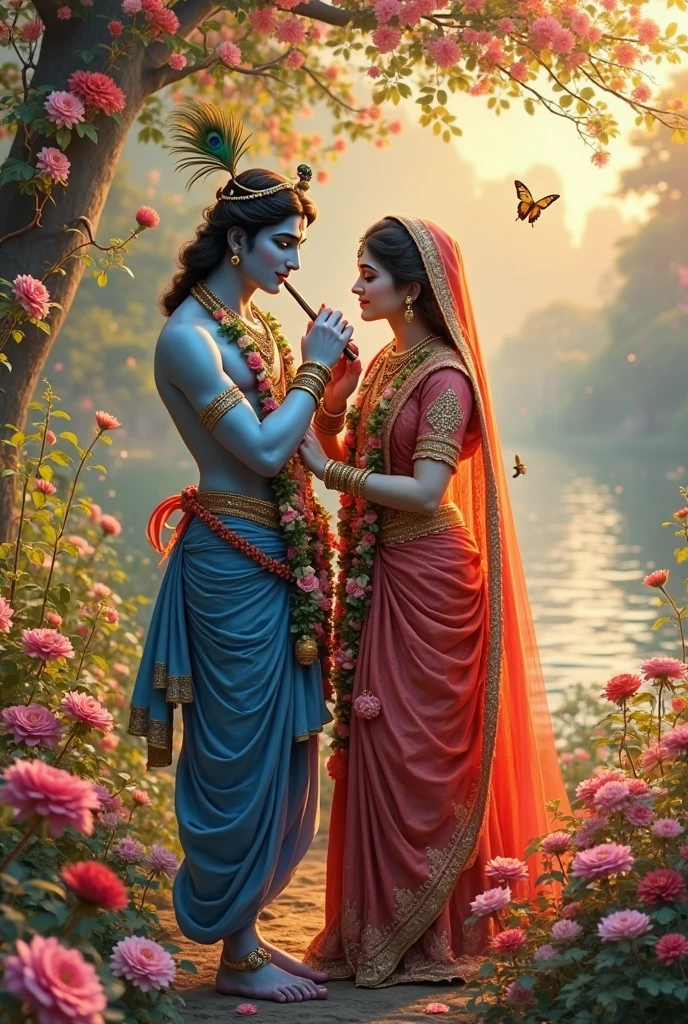 "A profound and touching scene depicting Lord Krishna bowing on his knees humbly before Shree Radha, touching shree Radha foot in a gesture of deep reverence and devotion. Krishna is shown with a serene and respectful expression, dressed in his traditional yellow dhoti with a peacock feather adorning his crown on his head. His hands gently touch Radha’s feet, symbolizing his acknowledgment of her divine love and spiritual power.Shree Radha stands gracefully, her expression soft and benevolent, radiating compassion and love. She is adorned in a beautifully intricate saree, with delicate jewelry and flowers woven into her hair. Her posture is one of gentle acceptance.The background is a peaceful, divine setting, perhaps a grove in Vrindavan, with soft light filtering through the trees, casting a golden glow on the scene. The atmosphere is serene, filled with a sense of sacredness and the deep, spiritual bond between the two. The image captures the essence of humility, reverence, and the divine love that transcends worldly roles."
