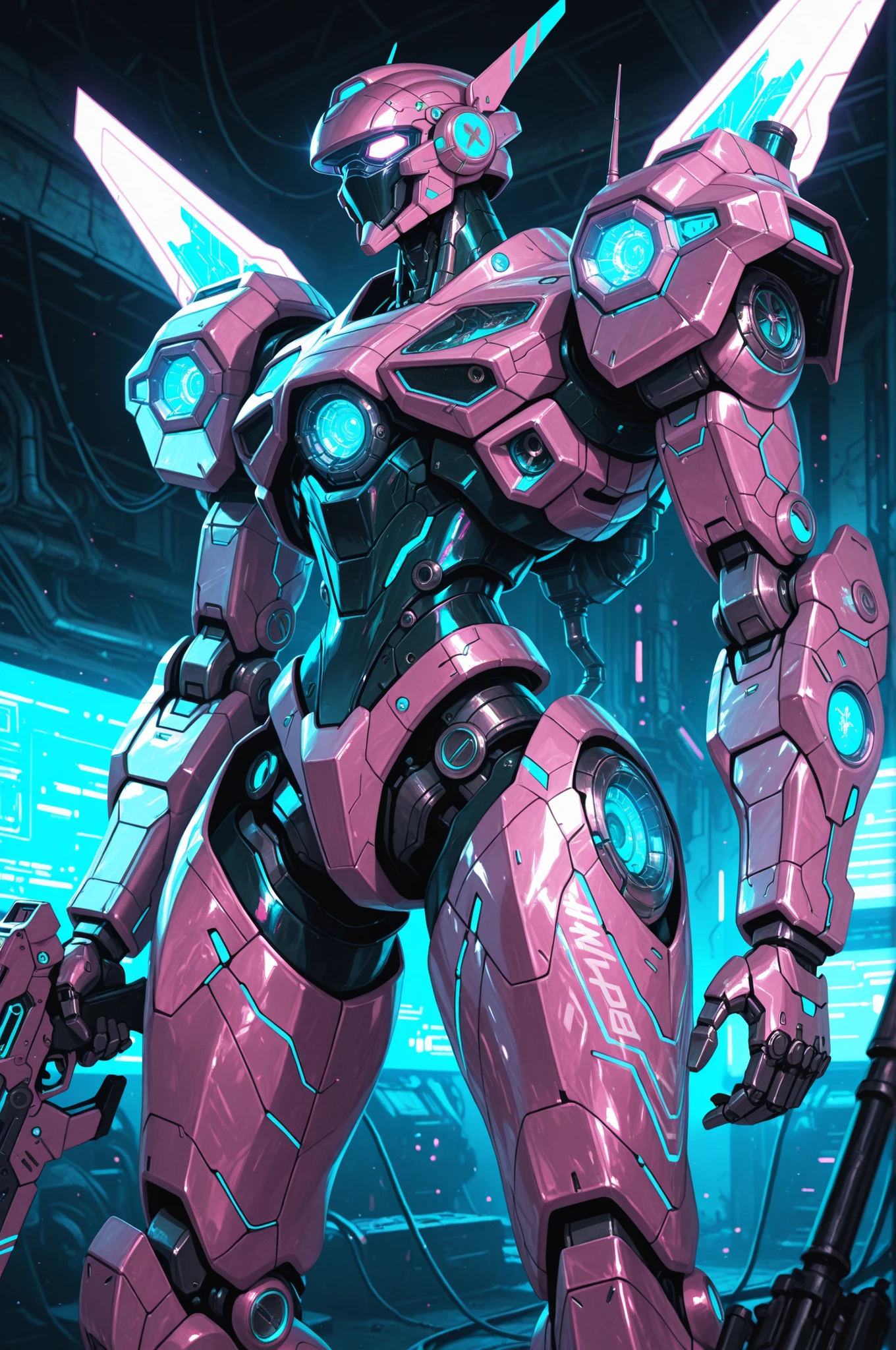 Cyber-punk style, bright neon mecha, bioluminescent, intricate details, male mecha, weapons, masterpiece, best quality, amazing quality, very aesthetic, absurdres, newest, highly detailed,