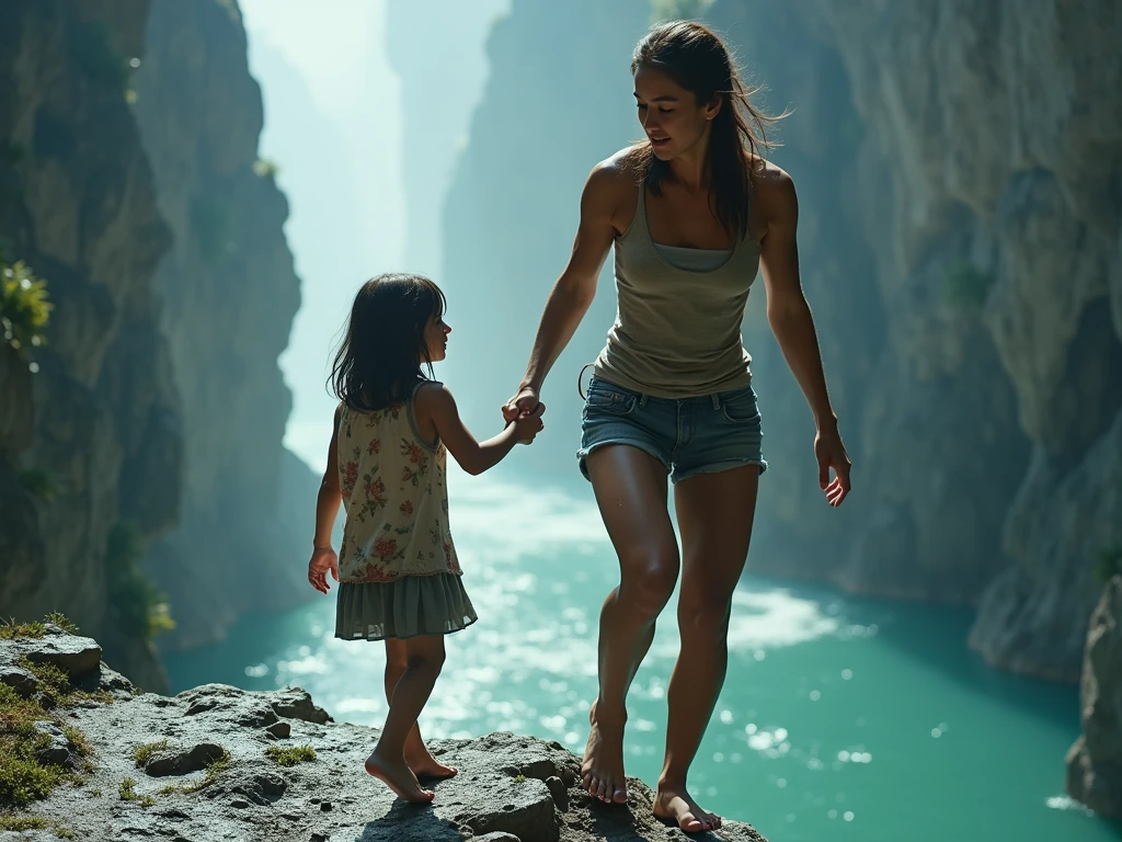Beautiful and strong girl in swim attire lifting a large man high above her head with her strong arms. Photorealistic. Wide angle. Waterfall in background.