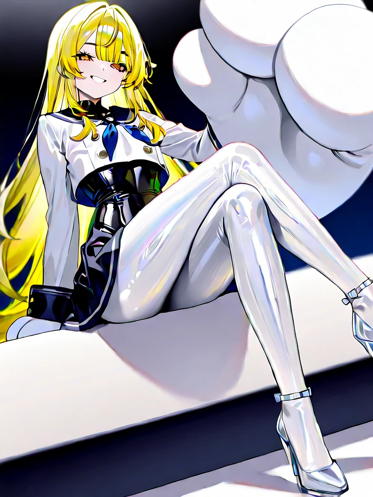 score_9, score_8_up, score_7_up, source_anime, kaorukotenkawa, kaoruko tenkawa, long hair, blue eyes, blonde hair, bow, hair bow, yellow bow, gloves, dress, elbow gloves, magical girl, yellow gloves, smile, yellow thigh high boots, simple background, femdom, sadism, penis, testicles, trampling, boots crushing penis, stepped_on, penis, sadism, cum on boots, footjob, nsfw, uncensored