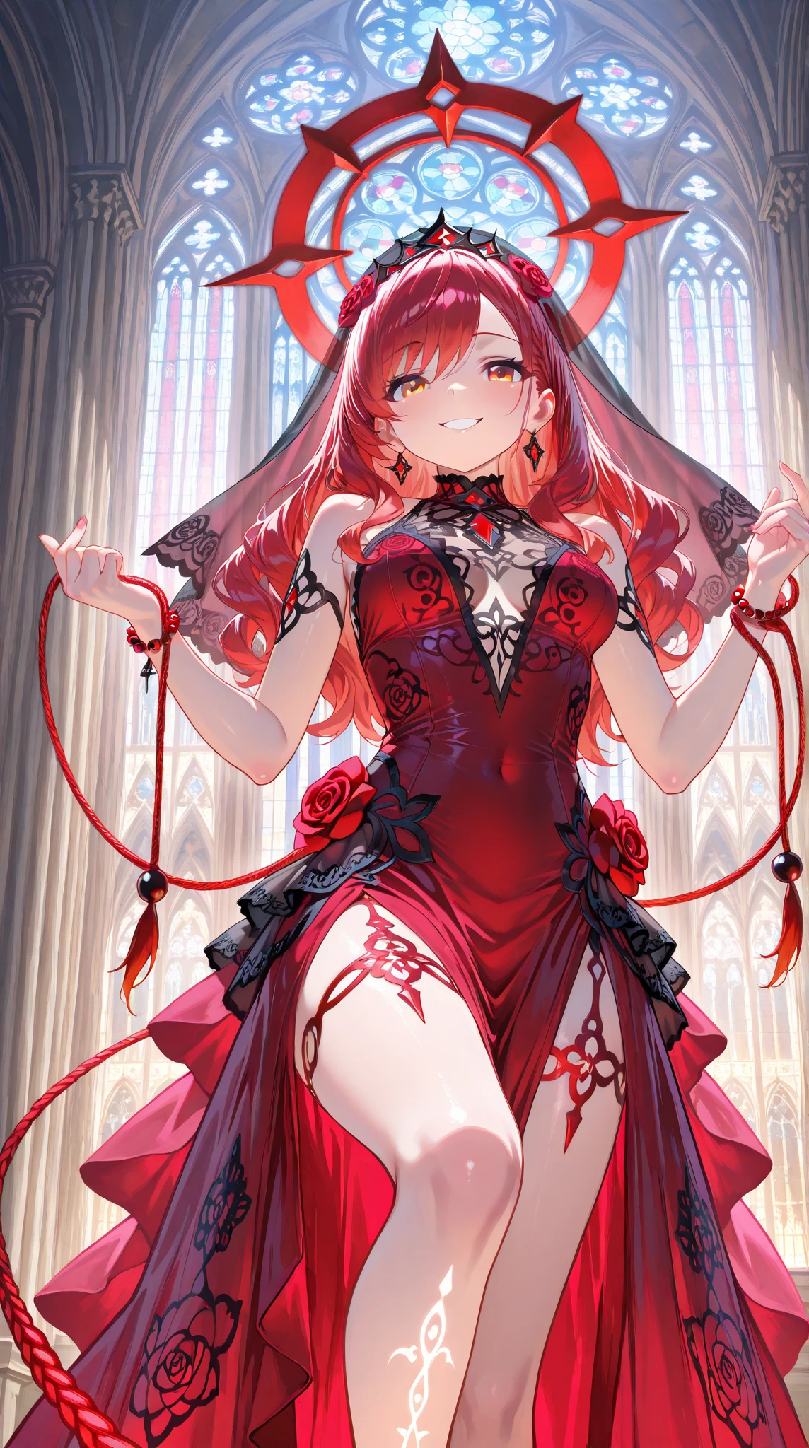 (masutepiece, Best Quality), 1girl, solo, breasts, thighhighs, long-hair, large-breasts, cleavage, red-hair, garter-straps, fishnet-thighhighs, fishnets, flower, full-body, object-namesake, skirt, smile, standing, red-footwear, bow, panties, looking-at-viewer, underwear, frills, staff, detached-sleeves, red-eyes, hair-bow, blush, hair-ornament, holding, high-heels, white-skirt, black-bow, shoes, corset, hair-flower, open-mouth, holding-staff, weapon, detached-collar, pantyshot, short-sleeves, ribbon, puffy-sleeves, pink-panties, holding-weapon