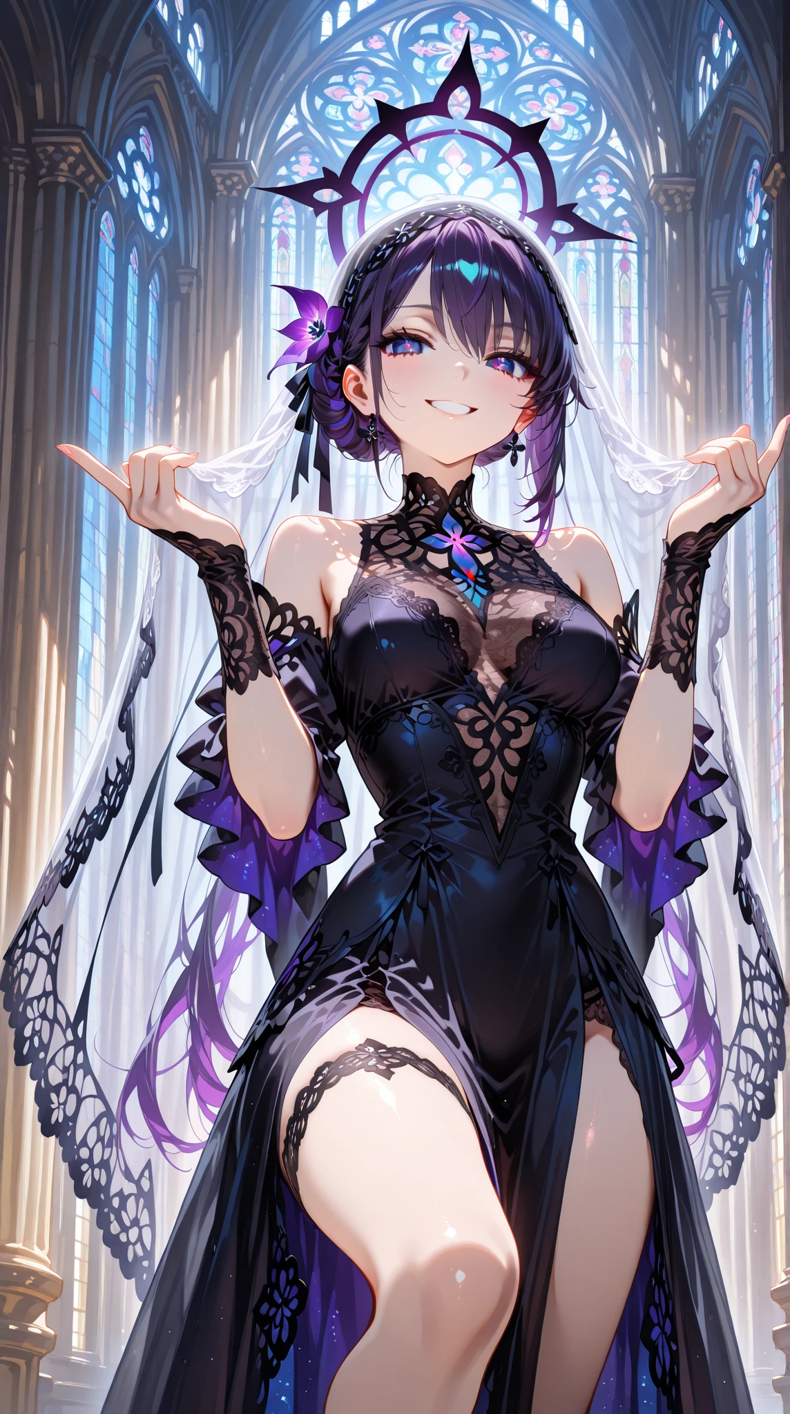 (Masterpiece, Best Quality), 8k,(((highly detailed))), lace:1.8,Super intricate lace pattern,colorful lace pattern,stained glass background, kaleidoscope,light-up,baggy Gothic,bare breasts, 1 woman,(neon hair),