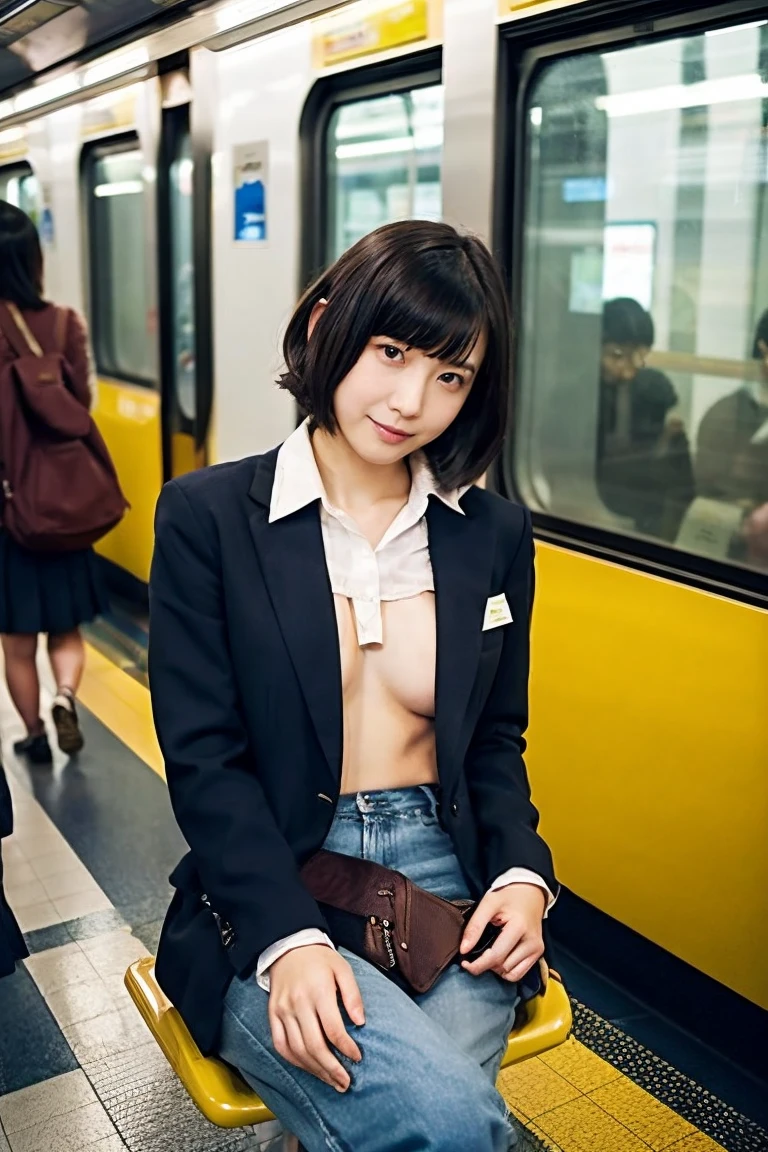 (One Girl:1.3), short hair, Japanese university students、Great face and eyes, Looking into the camera、 (Highest quality:1.4), Very detailed CG 統合 8k 壁紙, Very detailed, High-resolution RAW color photos, Professional photography, Realistic full body shot, Studio shot、Portrait of sexy girl, Black suit、Black Mini Skirt、White shirt、(((job hunting))),on the train,Shyness,((Nipples are visible)),((Small breasts))