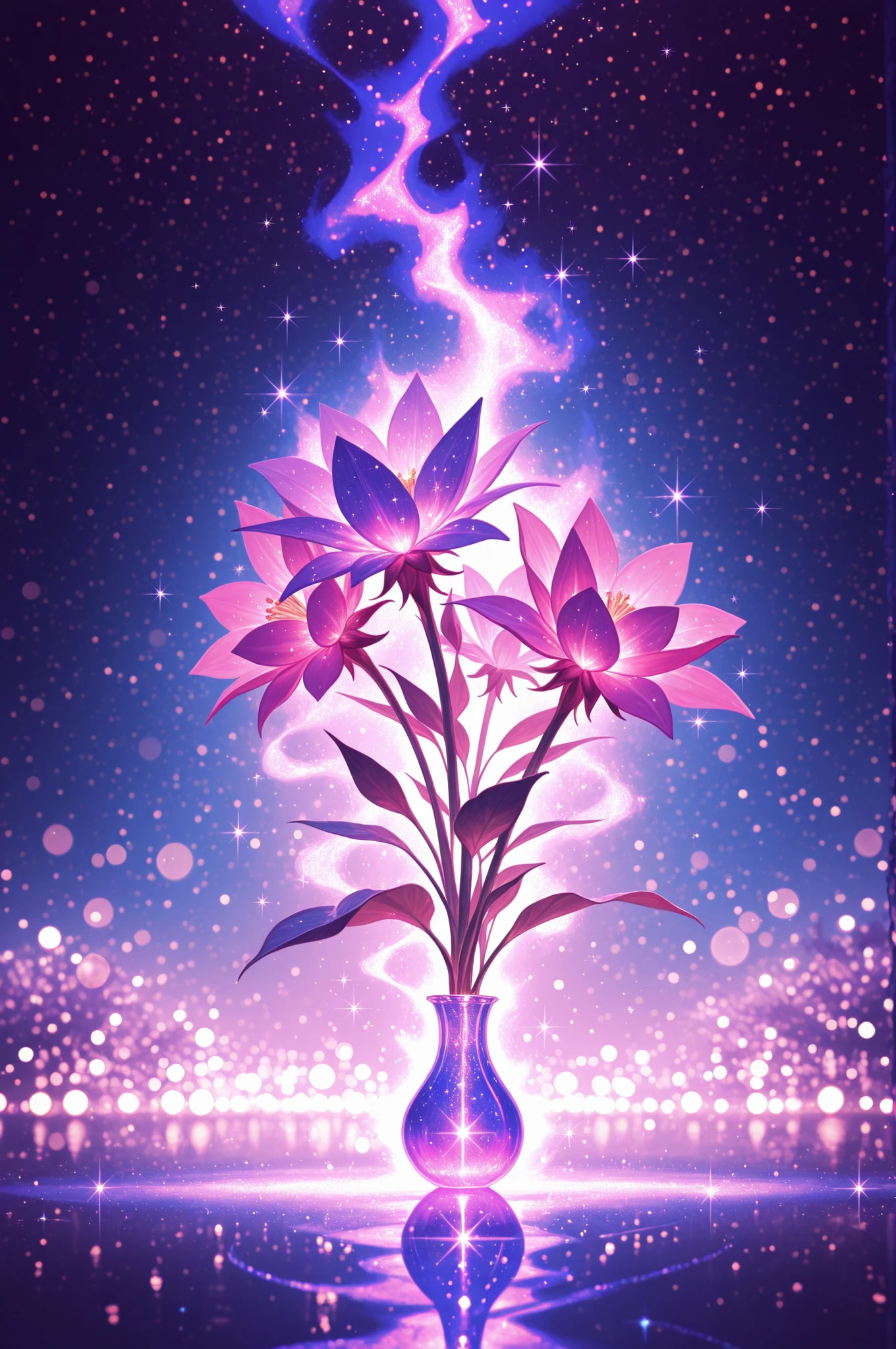 beautifully detailed magical plant, glitter, light bokeh, dynamic downward angle, luminescent aura, ambient lighting, 8k resolution, illustration, pink and purple tetradic colors ,masterpiece, best quality, amazing quality, very aesthetic, absurdres, newest, highly detailed,high-resolution,