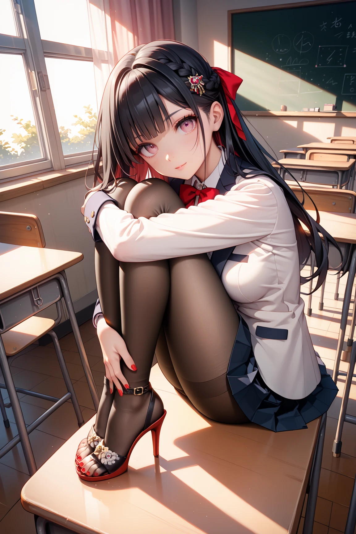 takeuchi takashi, ((masterpiece, High resolution)), One Girl, alone, ager, ((Brown Hair)), Long Hair, Curly Hair, Matching hairstyle, Different hair colors, Be confident, elegant, Rich girl, Hazel Eyes, Happy, Place your arms at your sides, Straight spine, (((Red blazer, Red pencil skirt, White knee socks, Knee-highソックス, Blue High Heels))), Upright and immobile posture, Medium Chest, upper body stage:1.2),teeth, Knee-high, Recall,(Panty shot:1.1), Pleated skirt, White panties,running,(From below:1.1),I'Not wearing pants、Browsing Caution,Pussy nsfw,(bottomless:1.4),( bare pussy:1.4),pussy line, pants taken off, panties, (panty pull:1.3),panties, pulled down to knees,(pussy peek:1.3)