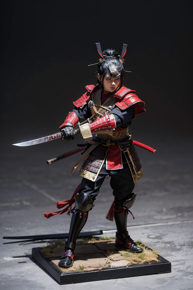 work of art, A collectible figure of a  samurai" wearing red and black samurai armor, samurai mask, black, that has a unique style, Samurai katana and samurai equipment