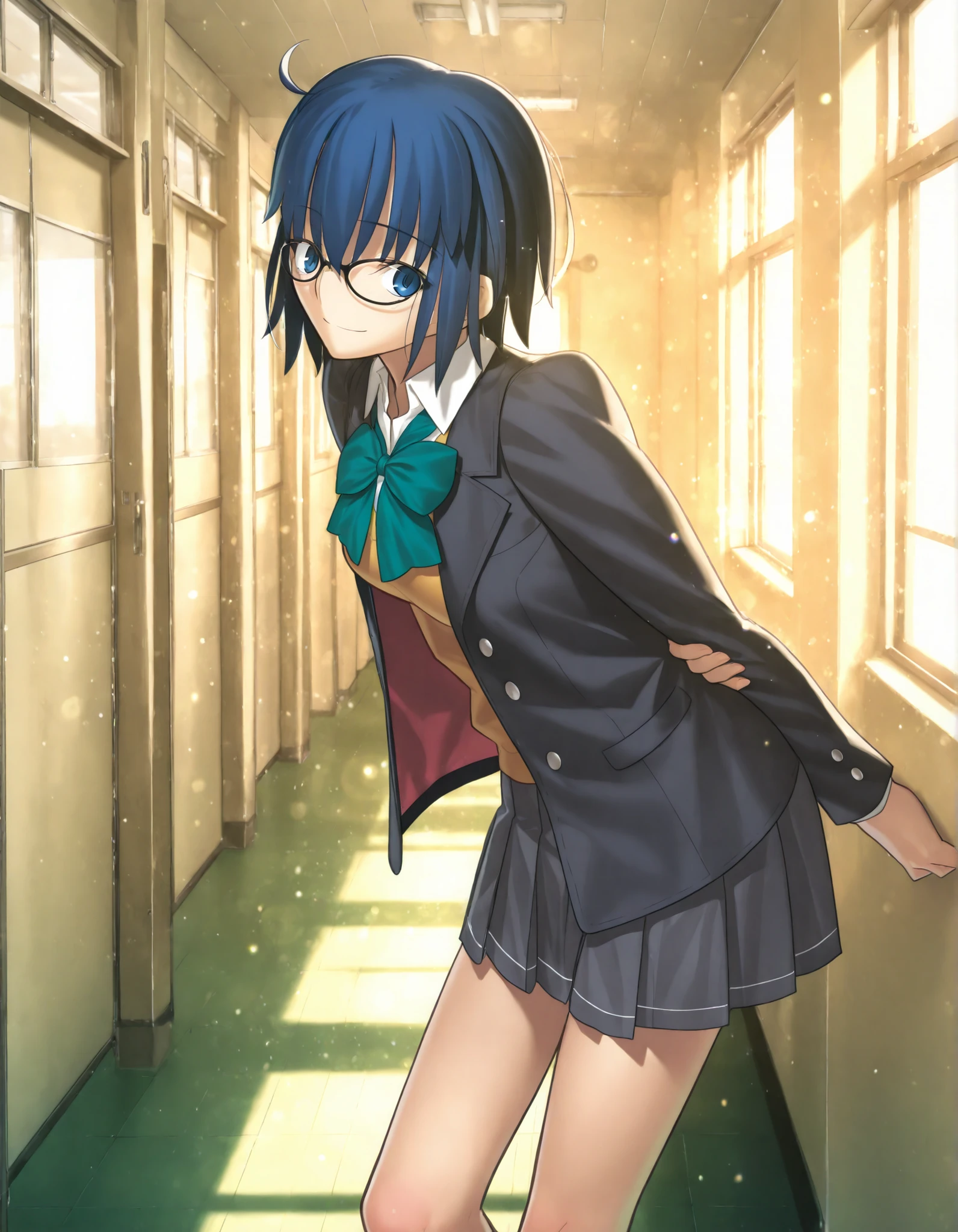 masterpiece, , absurdres, highres, detailed background, high resolution, masterpiece, necessary, detail, best quality, quality, necessary, details, High details, Precise, 8k indoors, (school, , colorful light particles, powder light,),day lens flare, blurry background,(from side, from above,),(Corridor ),
1girl, Takeuchi Takashi (type-moon,tsukihime) style, takeuchi takashi style, (aged up),(blue sky), ,(long legs) ,
girl, (slender body, slim arms, slim bod), solo, el3gymaster ,ciel \(tsukihime\) ,blue eyes ,blue hair ,glasses ,short hair,(black-framed eyewear ,school uniform ,open jacket ,green bowtie ,yellow knit, white undershirt ,grey skirt, pleated skirt,), (medium breasts),(looking at viewer), light smile, leaning forward, , ,