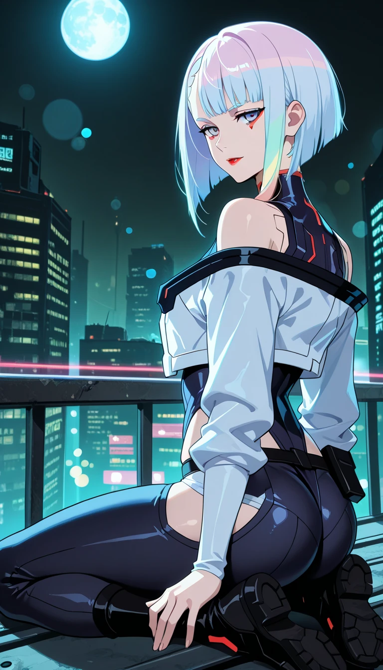 (magazine cover:1.3), (original: 1.2), masterpiece, best quality, beautiful clean face, (full body:1.1), lucy \(cyberpunk\), 1girl, against railing, arm rest, bangs, bare shoulders, belt, black belt, black leotard, black pants, blurry, bob cut, breasts, building, cityscape, clothing cutout, cropped jacket, cyberpunk, depth of field, from side, gradient eyes, grey eyes, grey hair, jacket, leotard, lips, long sleeves, mechanical parts, medium breasts, multicolored eyes, multicolored hair, night, night sky, off shoulder, open clothes, open jacket, outdoors, pants, parted lips, railing, red eyeliner, science fiction, short hair with long locks, short shorts, shorts, sidelocks, sky, solo, standing, thigh cutout, white jacket, white shorts,