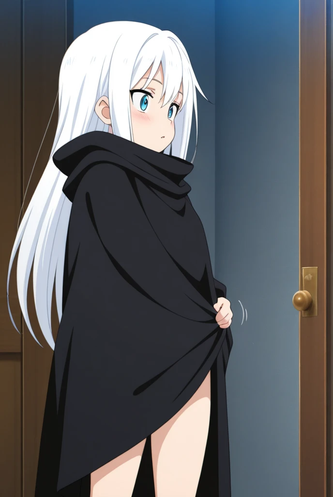 SFW, 1Girl, Adult, (slim Omani:1.2) woman, natural small breasts, long black spiky hairstyle, wearing very small thong, beryl jewelry, glowing iris, white eyes, pensive expression, empyreal otherworldly blizzard ambience with wooden bridge background, bizarre spiritual desert ambience with shipyard background, flat colors, cel shading, hard shadows, outlines, vector art, rear view