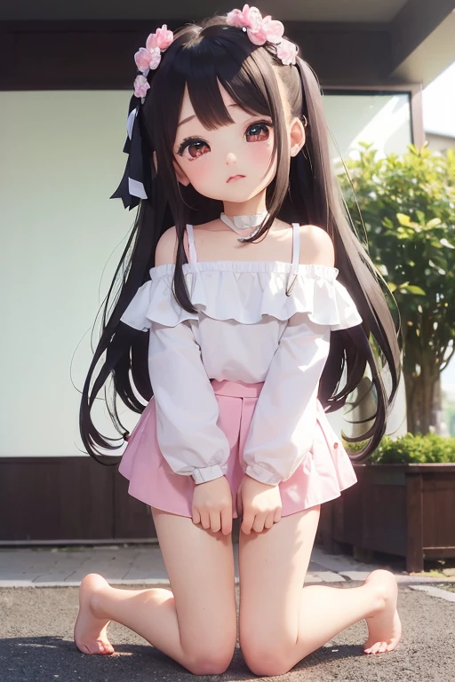 8 year old girl with long black hair. with a heart in his hands that says love (in Spanish). She is wearing a white t-shirt and a pink petticoat, white and pink tennis shoes. city background,