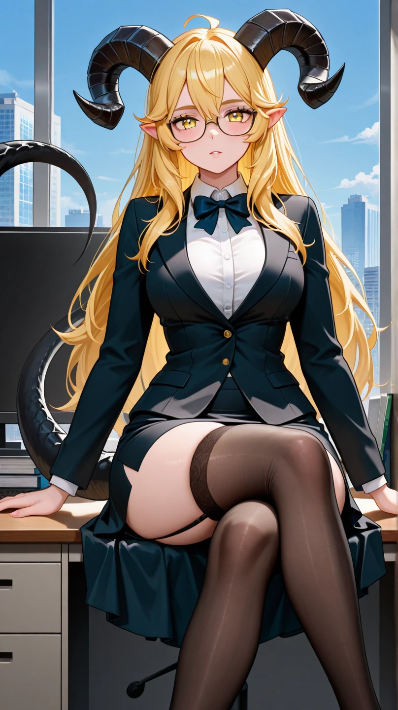 Adult woman(masterpiece:1.4)、(in 8K、realisitic、Raw photo、top-quality:1.4)、(Real Face:1.4)、(real looking skin:1.3)、超A high resolution、A hyper-realistic、Eyes in Beautiful Details、((blond hair))、long-hair、officeworker、Business suits、no-bra、pant suit、high detailing、(gigantic-breasted:1.5)、Blushing、Embarrassed look、gargantilha、long necktie, cynthia, black hair ornaments, deep cleavage, full body shot, open high heels, sitting in office chair, crossed legs
