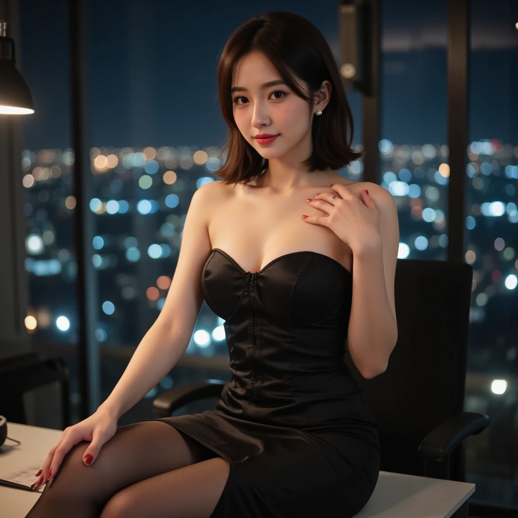 最high quality, 8k, Masseter muscle area, Vibrant, Sharp focus, high quality, High resolution, alone, Japanese women, 24-years-old, Whole Body Ezbian, Wearing high heels, Highly detailed face, Highly detailed eyes, Red lipstick, ((Looking at the audience)), (standard body shape), Beautifully styled short black hair, Open-chested clothing、(announcer:1.5)、(News Studio Background), Brightly colored lace dress