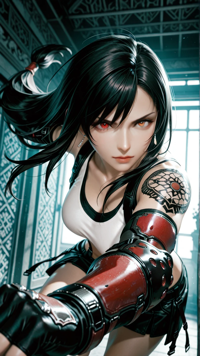(Anime) . ((((Tifa Lockhart)))), red eyes, full body, indoors . (Masterpiece: 1.8), 64k quality, final fantasy artwork concept, detailed manga eyes, detailed hair, detailed clothes, detailed body, sharper drawings, pronounced detailed face, shiny objects like jewelry, see the creases on the clothes, more consistent clothes, more rounded eyes, globular transparent liquid eyes, more colors, more consistent clothes , correct clothing features, better eye line, better shoulders, really colorful, coarser line, black line, finishing. (drowing (anime (manga (comics)))) (coarser stroke: 1.8) (black stroke: 1.8) (color: 1.8) (clean: 1.8) (color contrast: 1.8) (black outline: 1.8) (adjusted color contrast: 1.8) (shadow play: 1.8) (manga eyes: 1.8) (muscle: 1.5 ) (rendering homogeneous: 1. 3)