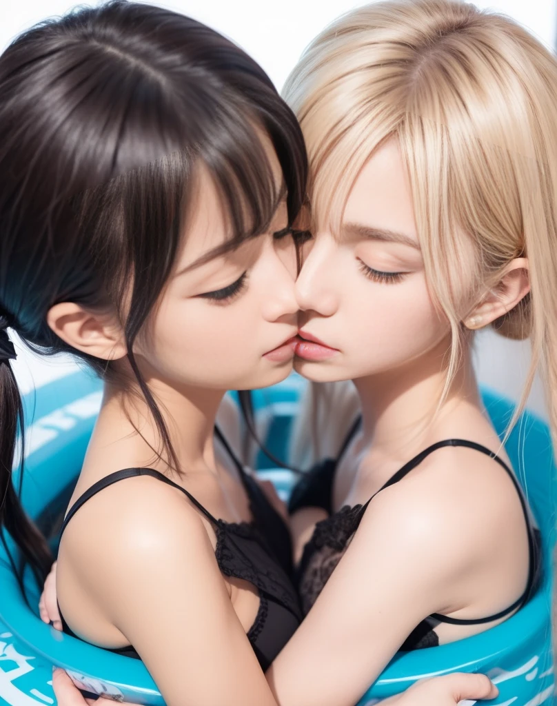 8k,masterpiece,Japanese,best quality, two girls, (kissing:1.1), bikini, (innertube1.7), reluctantly, (blush:1.8), (breasts:1.2)