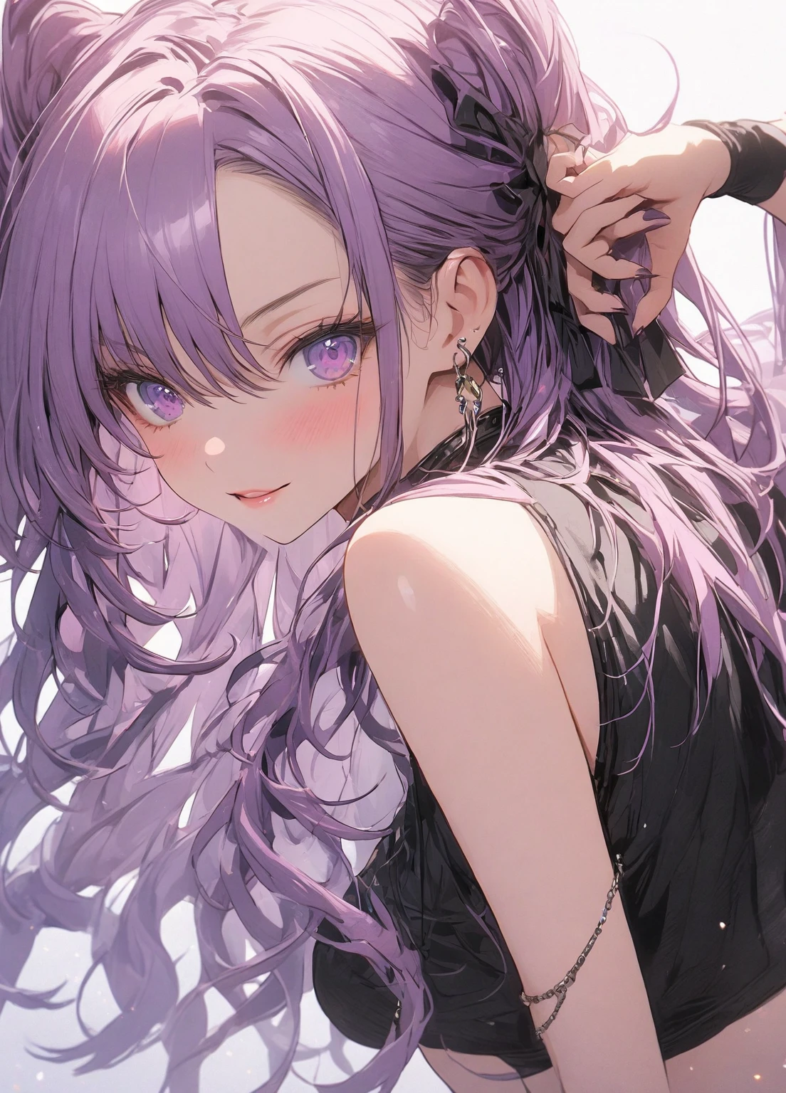 Beautiful, elegant girl with purple hair, green eyes and pale skin. Her hair is long and curly, she has two cute buns on the sides. She's an elf. Elven ears. (She smiles:1.2). Black background.