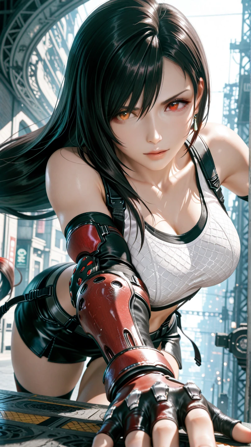 8k,masterpiece, bset quality,big, (1 girl), tifa lockhart, red_eyes, black hair, long hair, professional lighting, (shiny skin: 1.2), shiny big, ((best quality)), sharp focus: 1.2, highly detailed face and skin texture, detailed eyes, perfect face, perfect body, blur art, cg, background, Big breasts, presence (20yo, mature cool and beautiful face), wearing ((suspender black skirt), black elbow gloves, white taut shirt, thigh, white tank top), blush, (mittgal), random pose, top view,