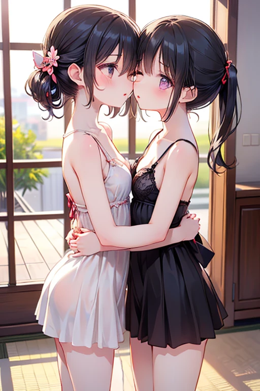 Hold the skirt with your hands,skirt lift,skirt hold,from front,front view,looking at viewer, looking ahead,from above,cowboy shot,2girl,twins,Beautiful girl at 10 years old,Japanese,Slender,,low length,Small breasts,Thin legs,Small Ass,Baby Face,Small face,Black Hair,Gray Eyes,Drooping eyes,Round eyes,Short Twin Tails,middle School girls,Sheer black and pink negligee,lingerie,Collar with leash,Bunny ears,Kneeling,Straight Stand,Beautiful and detailed anime art,I'm in love,Desire expression,crave,Sexy vibe,Dimly lit room,On the bed,Simple Background,Gray background,Low lighting,