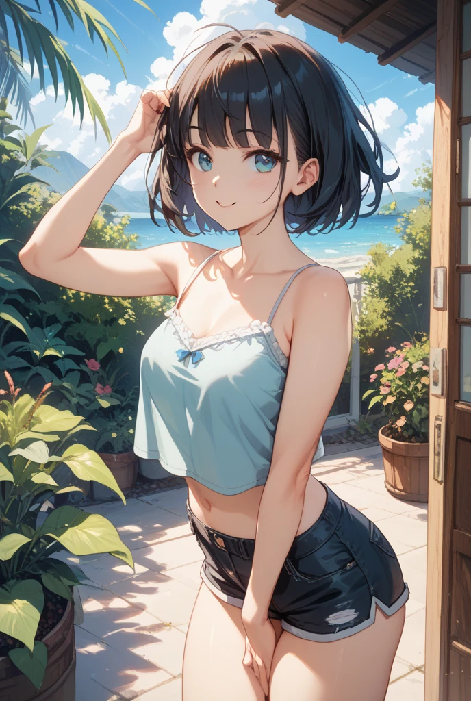 [(Beautiful young girl) (short black hair) (blue eyes) (flat chest)]  ([high Definition] [correct anatomy]): (in a valley) (laying in the grass) (wearing jeans) (wearing a black bra) (smiling )