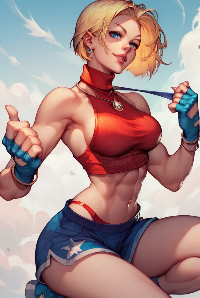 score_9, score_8_up, score_7_up, 1girl, solo, (female:1.5), female focus, female body, zell, blue eyes, blonde hair, medium ponytail, standing, smiling, red two piece bikini, fighting pose, looking at you, beach