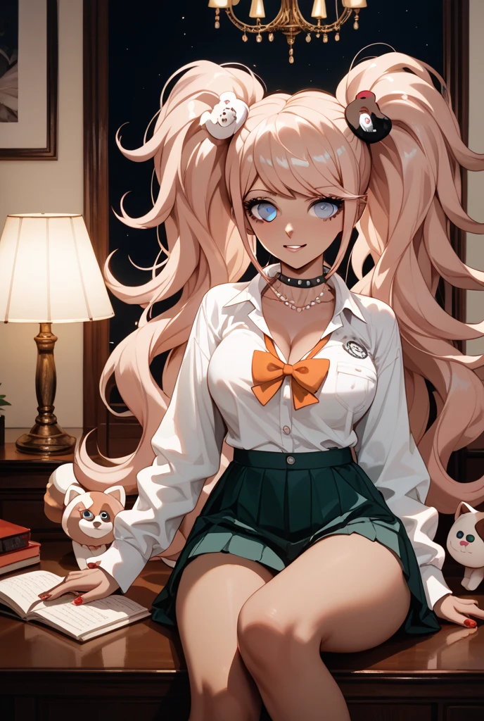 ((masutepiece)),((Best Quality)),absurderes,
1girl in, At the desk, (Studying:1.3), White School Uniform,
(crass room:1.1), Sunlight, 
 (Half-closed eyes:0.4), (Parted lips:1.4), (blush:1.2), lightsmile, Big breasts, cleavage, fake breasts
