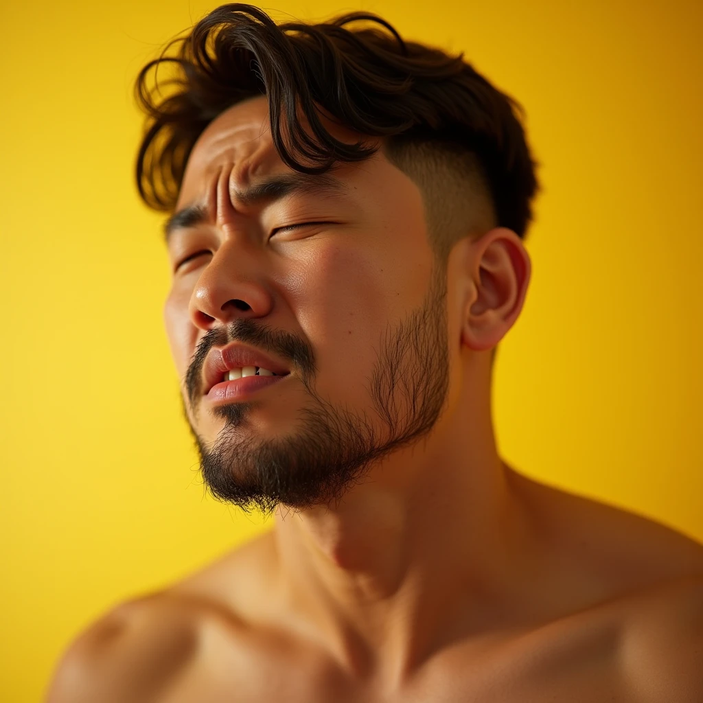 Sweaty and blushing, Light skin, Korean, hunk man, with the biggest pecs, with big nipples, with big arms, with big bulge in his underwear, sitting on the bed, wearing lingerie and dog collar, looking sensually directly to me, with his tongue out from exhaustion  and open mouth