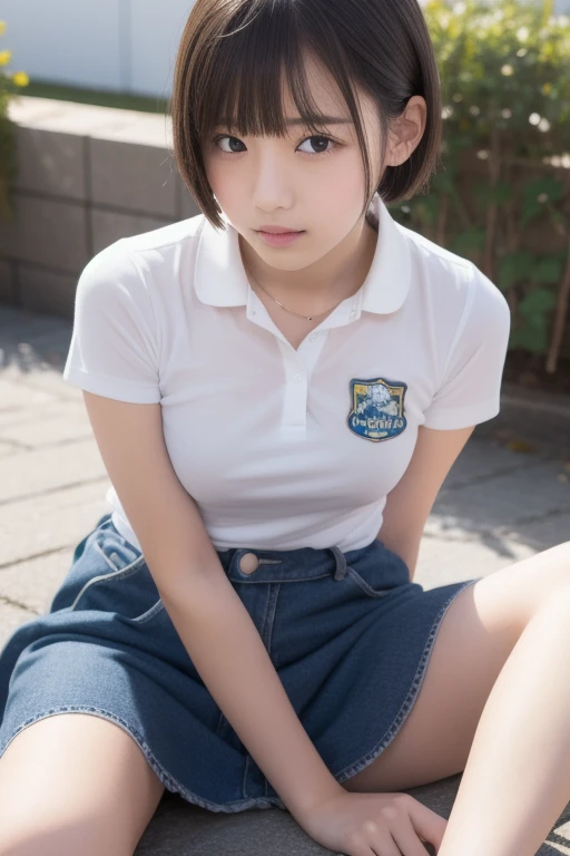 8K,masterpiece,Japanese,12-year-old girl,from the front,smile,cute,Innocent face,Innocent,Kind eyes,Childish,Plain T-shirt,Short sleeve,Blue checked short skirt,semi-long,Hair blowing in the wind,Black Hair,Somewhat strong wind,noon,bright,Sitting、M-shaped feet, (Large Breasts:1.2),(Emphasize the chest:1.2)