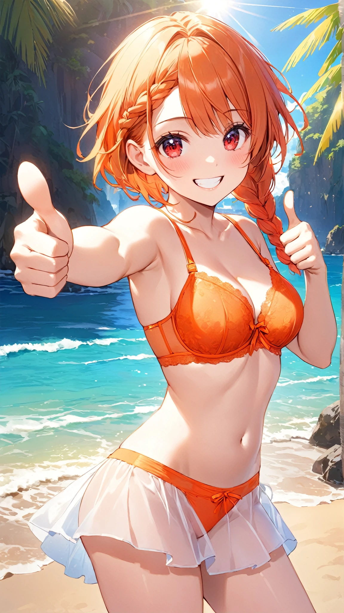 1girl in, 独奏, ((The bikini))、Blue swimsuit、 cowboy shot, bright orange hair、side poneyTail、Glowing red eyes、Red gloves、Sexy pose with hands on hips,Oily skin、the beach, sima, Palm trees, vague, A smile