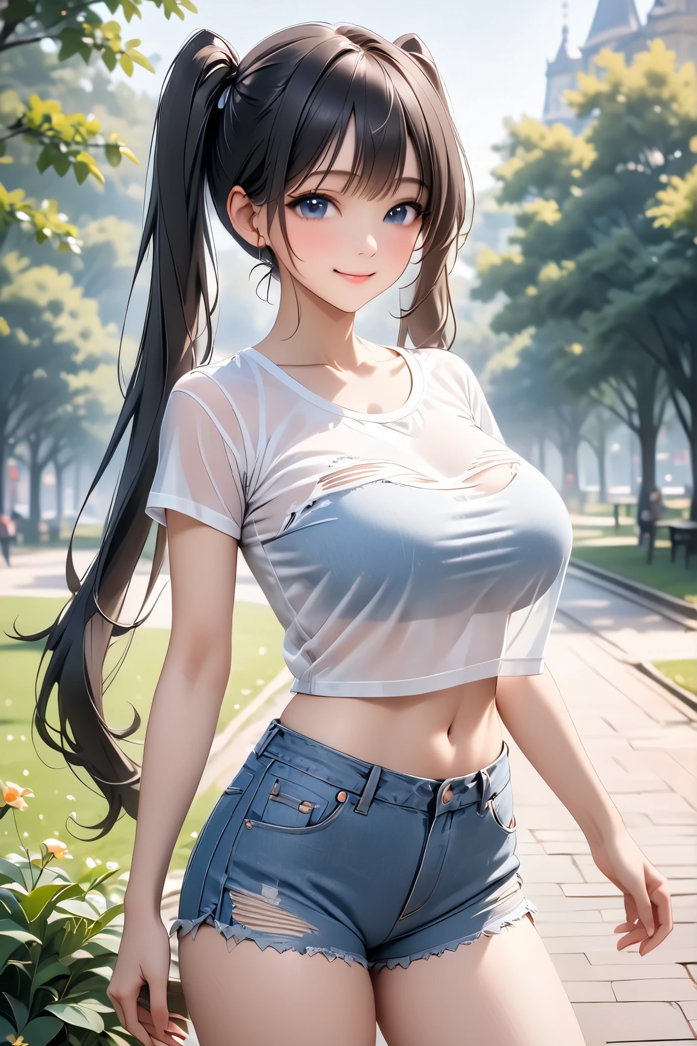 ((masterpiece, highest quality, High resolution,RTX, perfect pixel, written boundary depth, 4k, very detailed))), 1 girl, single, alone,The most beautiful anime girls, beautiful art style, anime character, ((long hair, parted bangs, Medium hair bangs, black hair)), ((brown eyes:1.4, round eyes, beautiful eyelashes, realistic eyes)), ((detailed face, blush:1.2)), ((smooth texture:0.75, realistic texture:0.65, realistic:1.1, Anime CG style, bright colors)), ((medium breasts, cleavage:0.9, big breasts)), dynamic angle, perfect body, ((throw, dynamic pose, close)), ((white shirt, No sleeve, denim hot pants, Snazzy, 1 diamond necklace)), open your mouth, embarrassing, garden,
