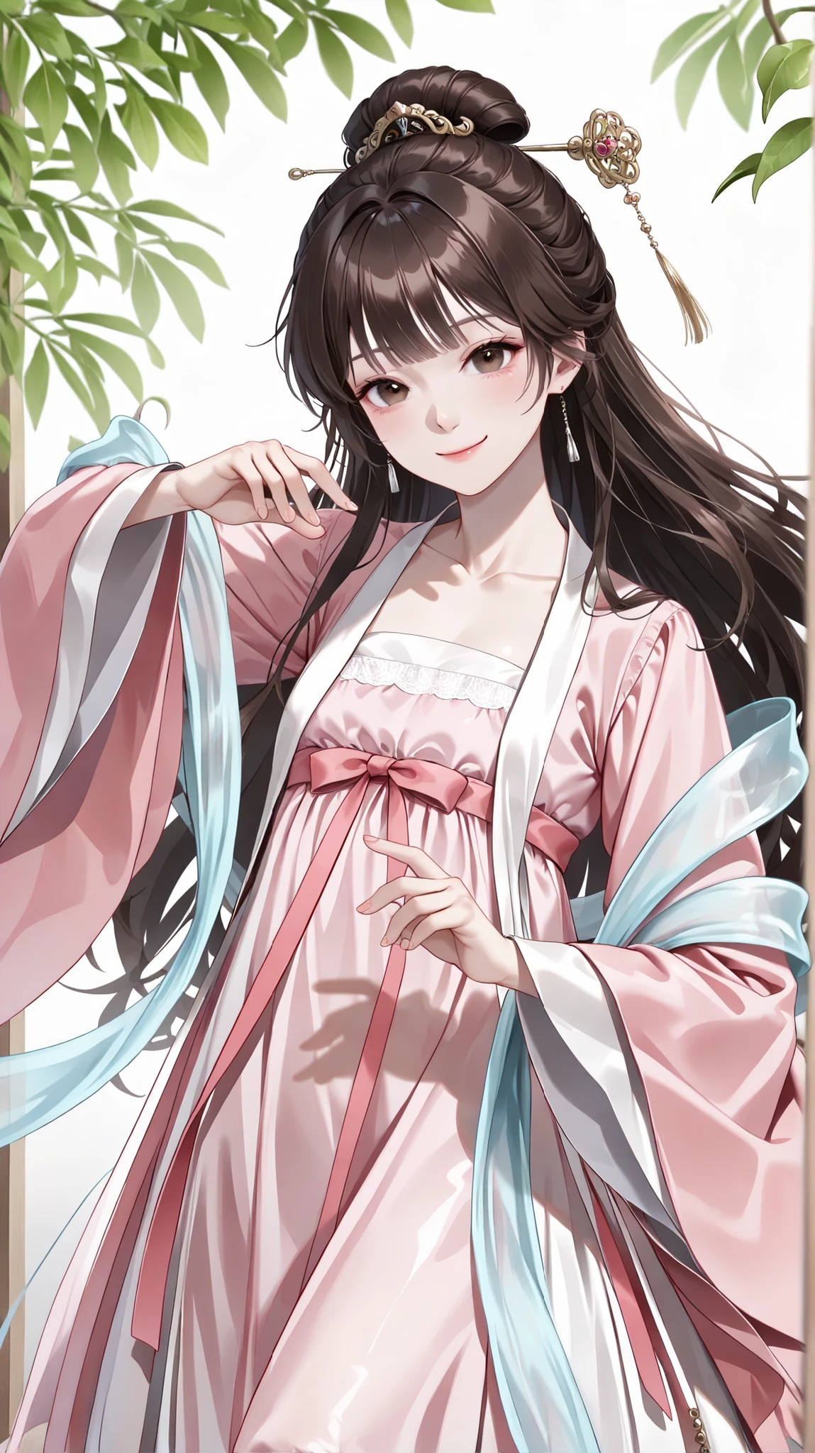 very aesthetic, 걸작, 고해상도, 8k 해상도, high contrast, semrealistic, newest, koreanai, best_quality, finely_detailed_eyes_and_detailed_face, (1 girl), brown_eyes, brown_hair, long_hair, chill out, cute, (updo_hair, slicked_side), ruanyi0758,hanfu,pink dress,see-through,shawl,wide sleeves,jewelry, hairpin, combat_stance, fighting_stance, dynamic_angle, dynamic_pose, (wuxia), (cute:1.4), (short_height:1.4), (smile:1.4)
