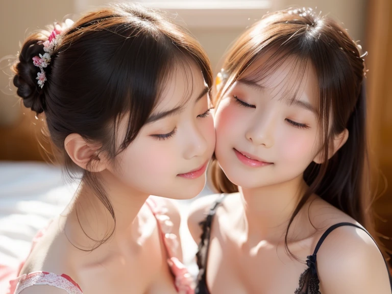 Two stunningly beautiful girls, their faces glowing with radiant joy, hug and share a passionate kiss over a melting donut dipped in milk. The donut, a scrumptious delight, exudes an inviting aroma that adds to the sensual allure of the moment. The milk, rich and creamy, oozes over the donut, creating a tantalizing sight as the girls indulge in their sweet treat. Their expressions radiate pure happiness, their eyes closed in bliss as they savor the moment and each other's company. The scene is bathed in a soft, warm light that highlights every fine detail, from the girls' beautiful features to the glistening drople